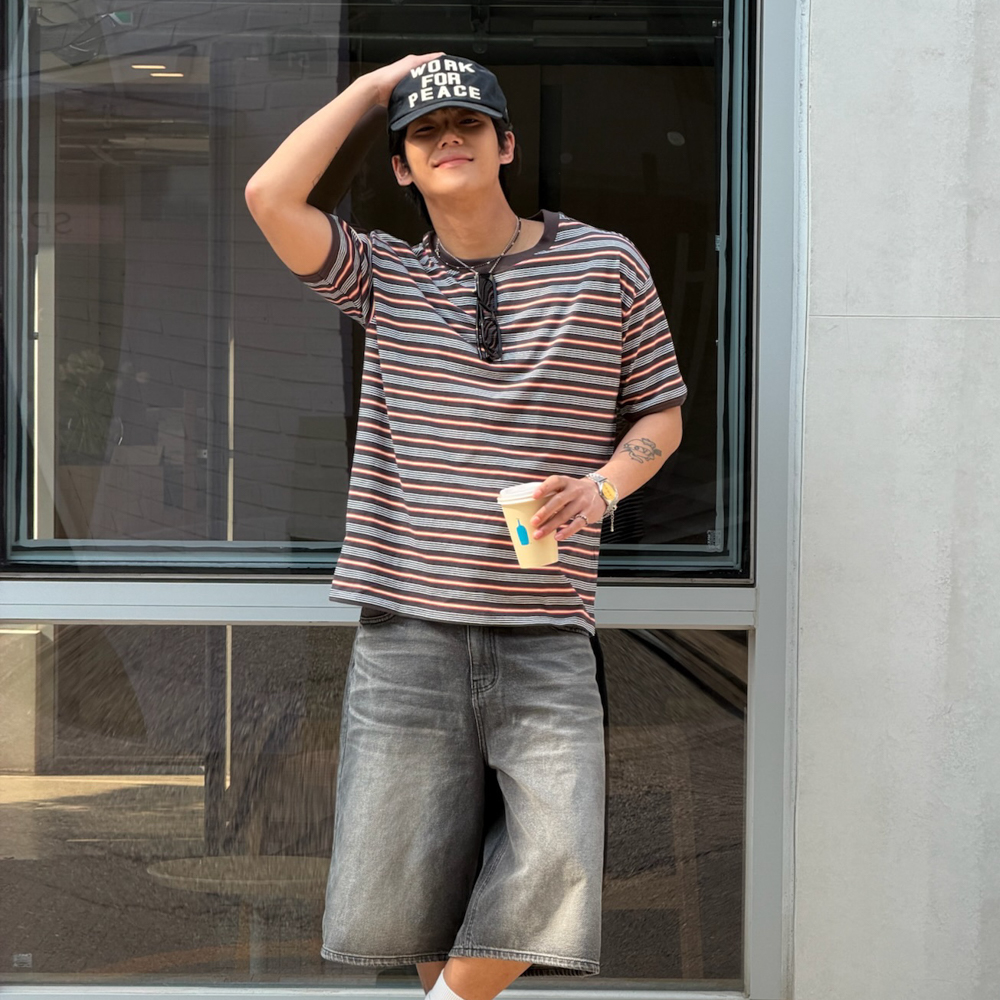 아모우 아모우 멀티 스트라이프 링거 티셔츠 브라운(AMOU Amou Multi Stripe Ringer T-Shirts Brown) - 4