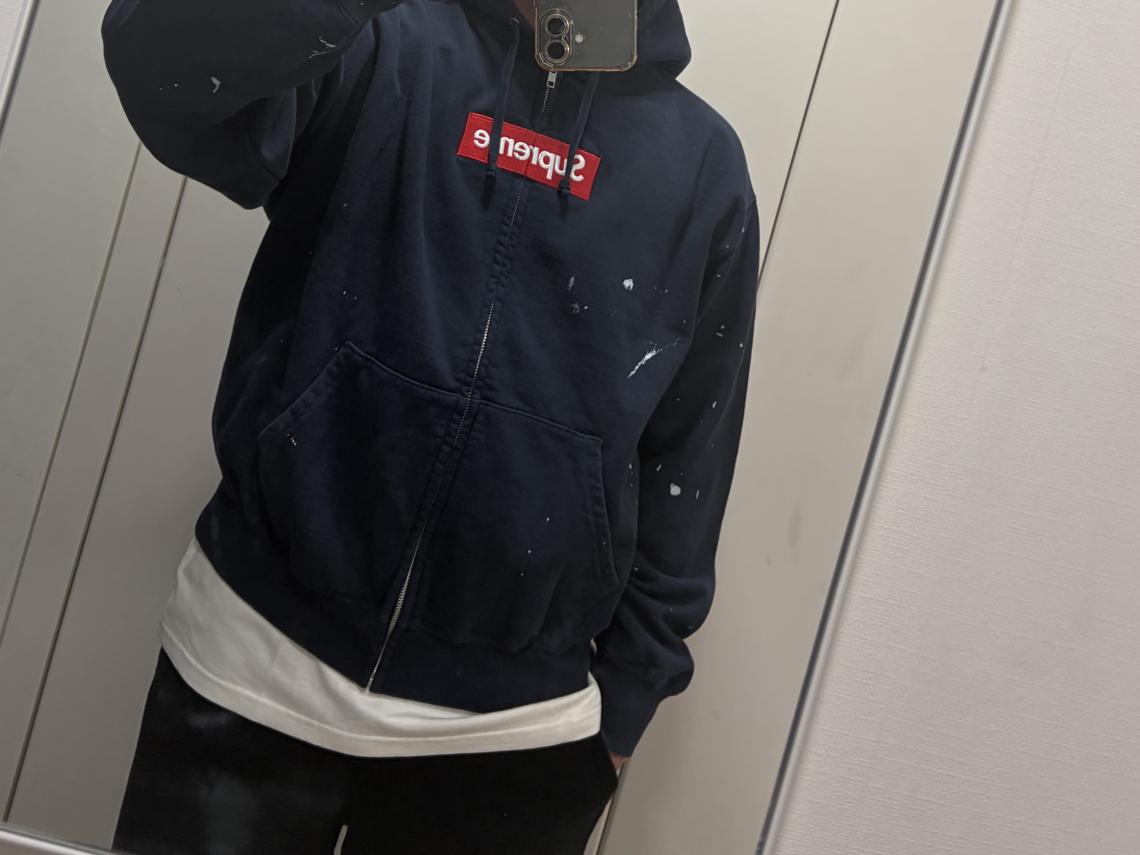 Supreme x MM6 Maison Margiela Box Logo Zip Up Hooded Sweatshirt Navy - 26SS 착용 스타일 - 2