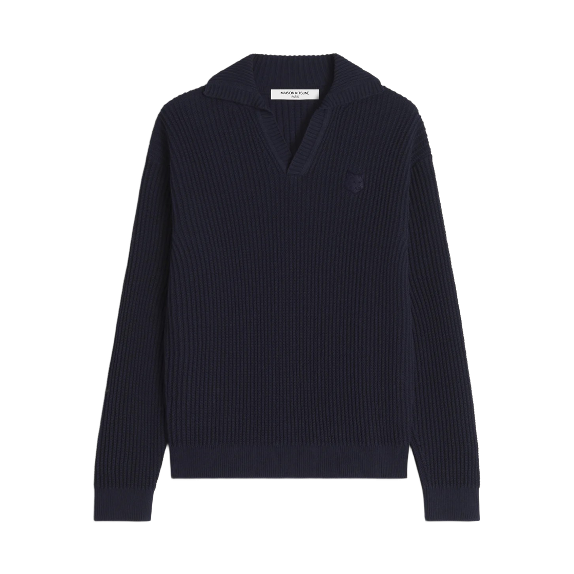 QM00202KT1189-0413 Maison Kitsune Fox Head Cotton Ribbed Polo Jumper Navy