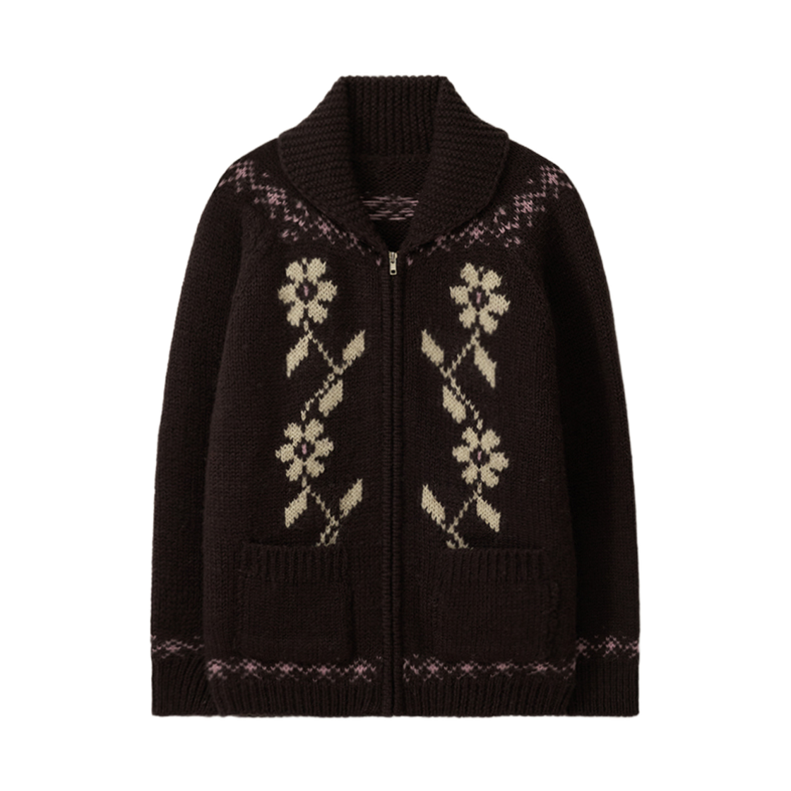 뮈르뮈르 [울100] 다프 플라워 자가드 집업 가디건 브라운(Murmure Daph Floral Jacquard Zip-Up Cardigan Brown)