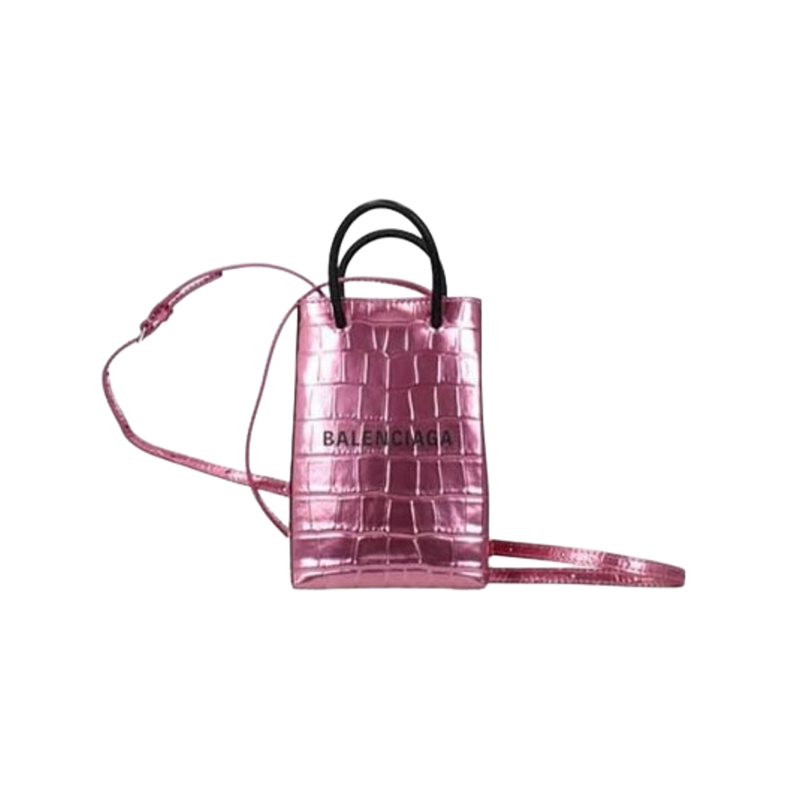 5938261S4DN6260 Balenciaga Metallic Crocodile Embossing Phone Holder Pink