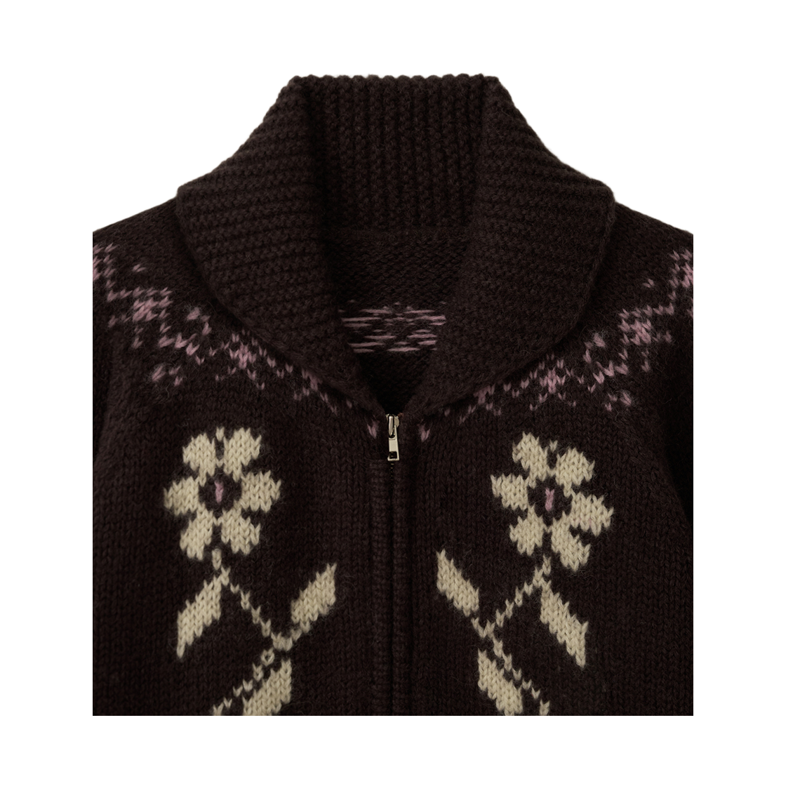뮈르뮈르 [울100] 다프 플라워 자가드 집업 가디건 브라운(Murmure Daph Floral Jacquard Zip-Up Cardigan Brown) - 3