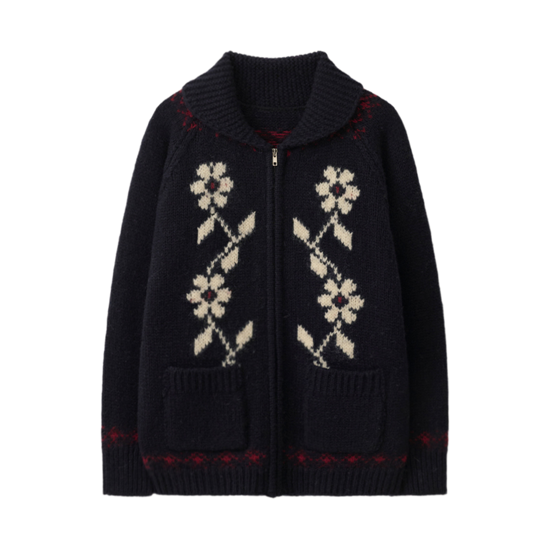 뮈르뮈르 [울100] 다프 플라워 자가드 집업 가디건 네이비(Murmure Daph Floral Jacquard Zip-Up Cardigan Navy)