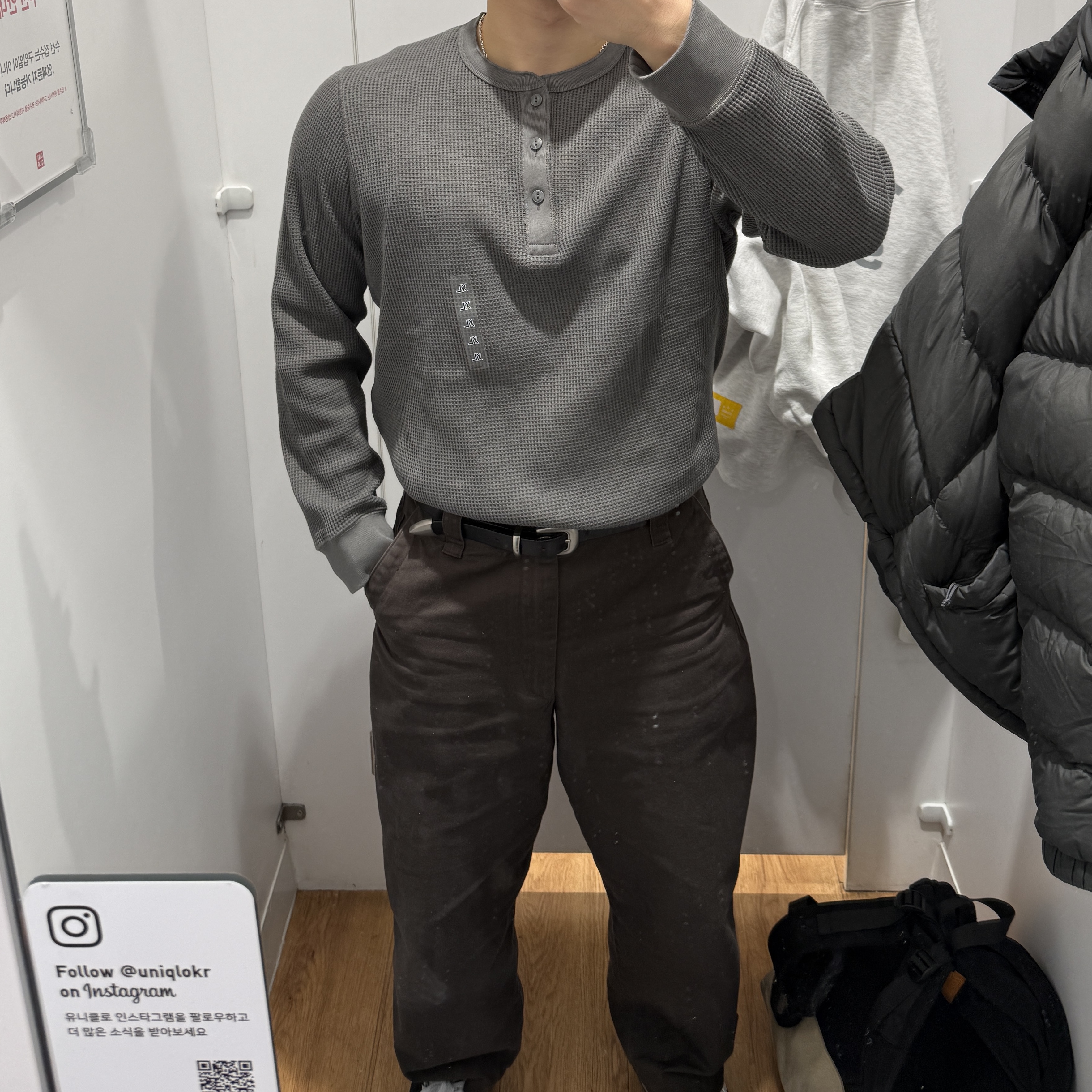 Uniqlo Waffle Henley Neck Long Sleeve T-Shirt Gray - JP 착용 스타일
