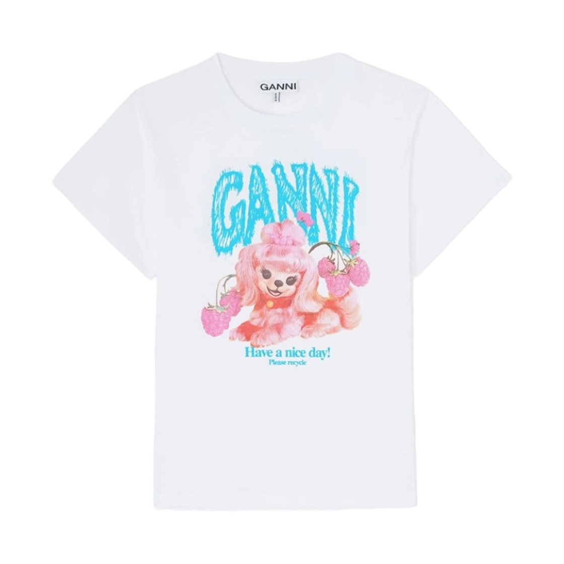 (W) 가니 베이직 코튼 핑크 도그 티셔츠 브라이트 화이트((W) Ganni Basic Cotton Pink Dog T-Shirt Bright White) - 1