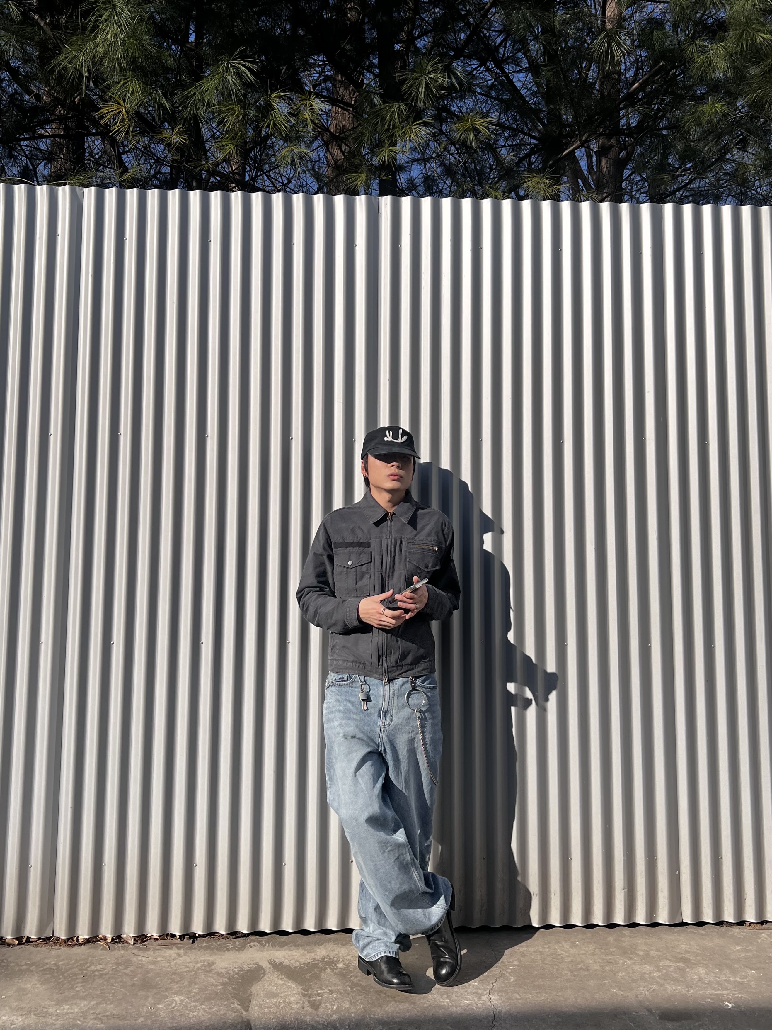 CHOWOO Vintage Washed 5 Pockets Work Jacket Washed Navy, CHOWOO Vintage Washed Downfall Cap Washed Black 착용 스타일 - 4