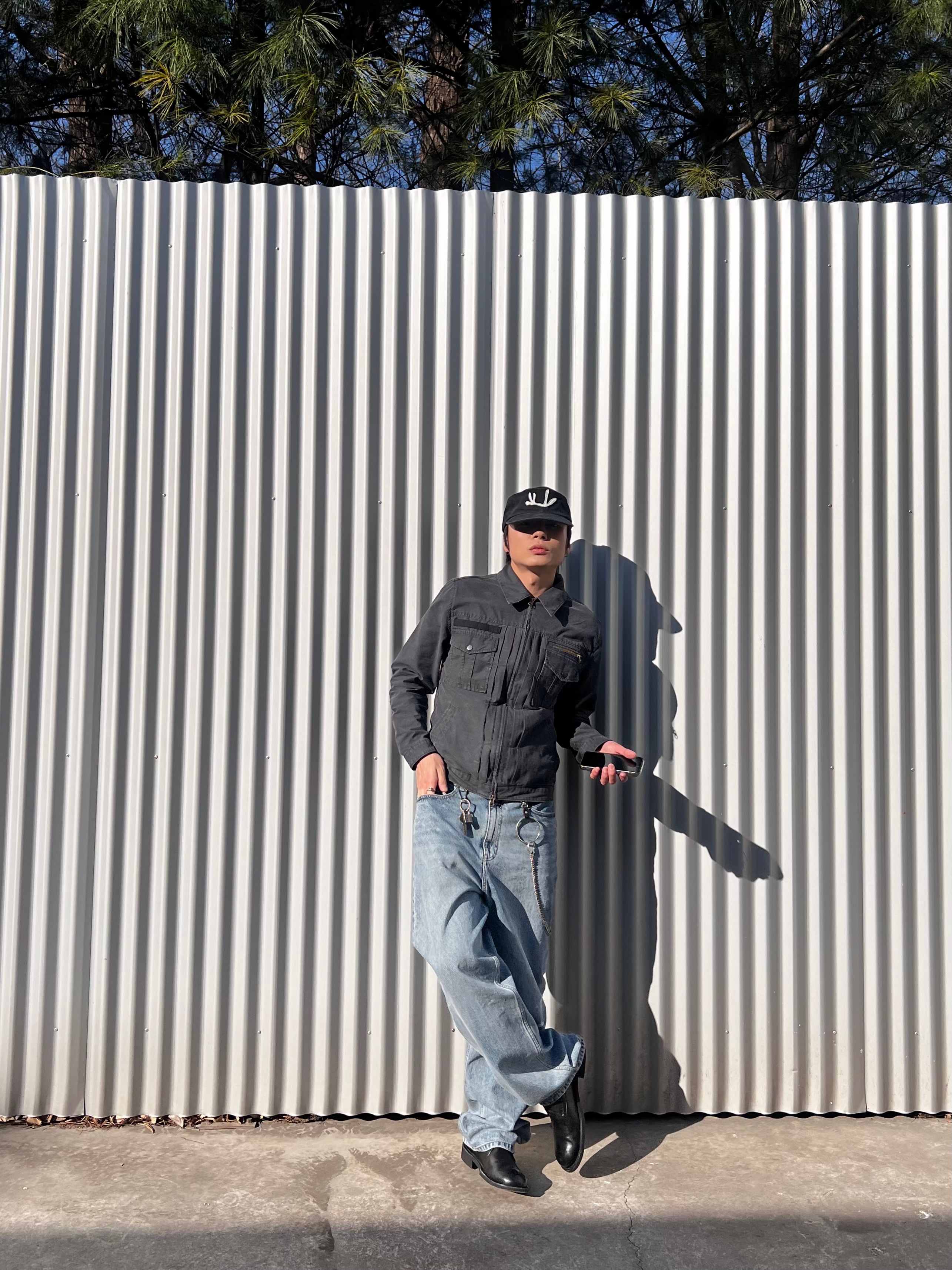 CHOWOO Vintage Washed 5 Pockets Work Jacket Washed Navy, CHOWOO Vintage Washed Downfall Cap Washed Black 착용 스타일 - 3