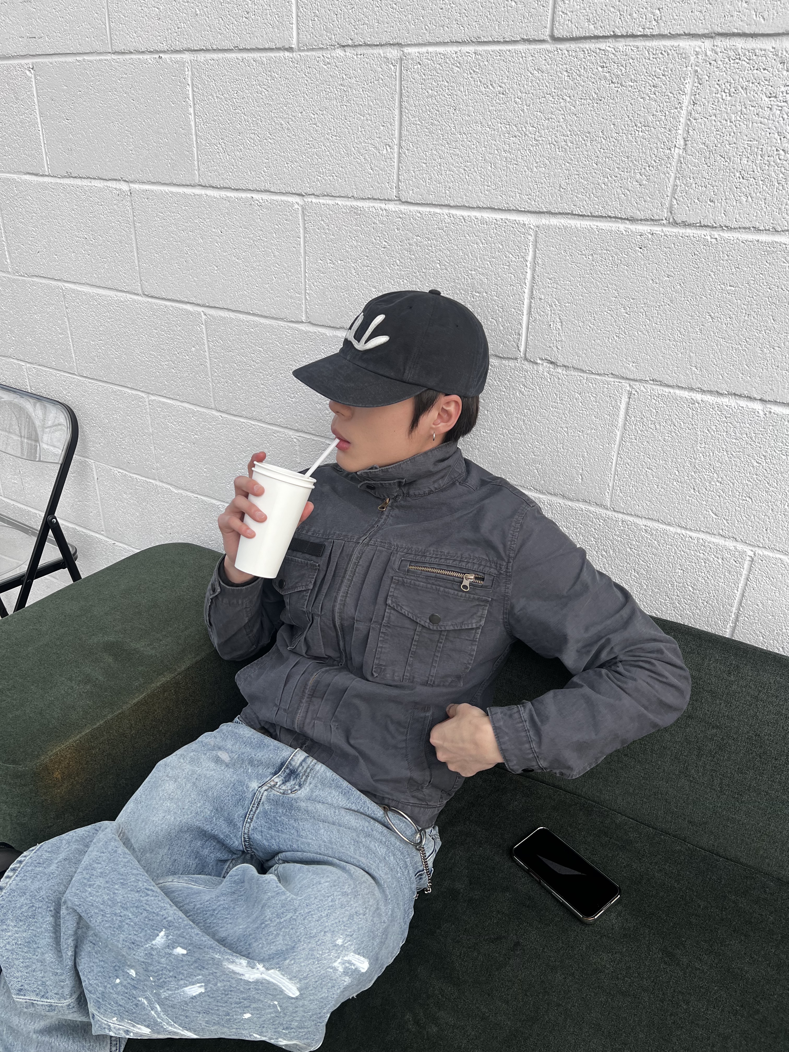 CHOWOO Vintage Washed 5 Pockets Work Jacket Washed Navy, CHOWOO Vintage Washed Downfall Cap Washed Black 착용 스타일 - 1