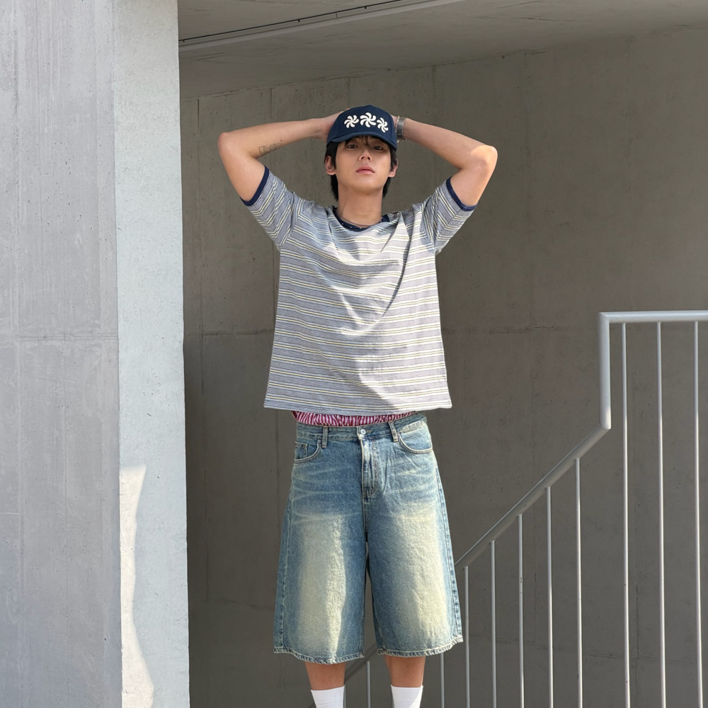 아모우 아모우 멀티 스트라이프 링거 티셔츠 멜란지(AMOU Amou Multi Stripe Ringer T-Shirts Melange) - 4