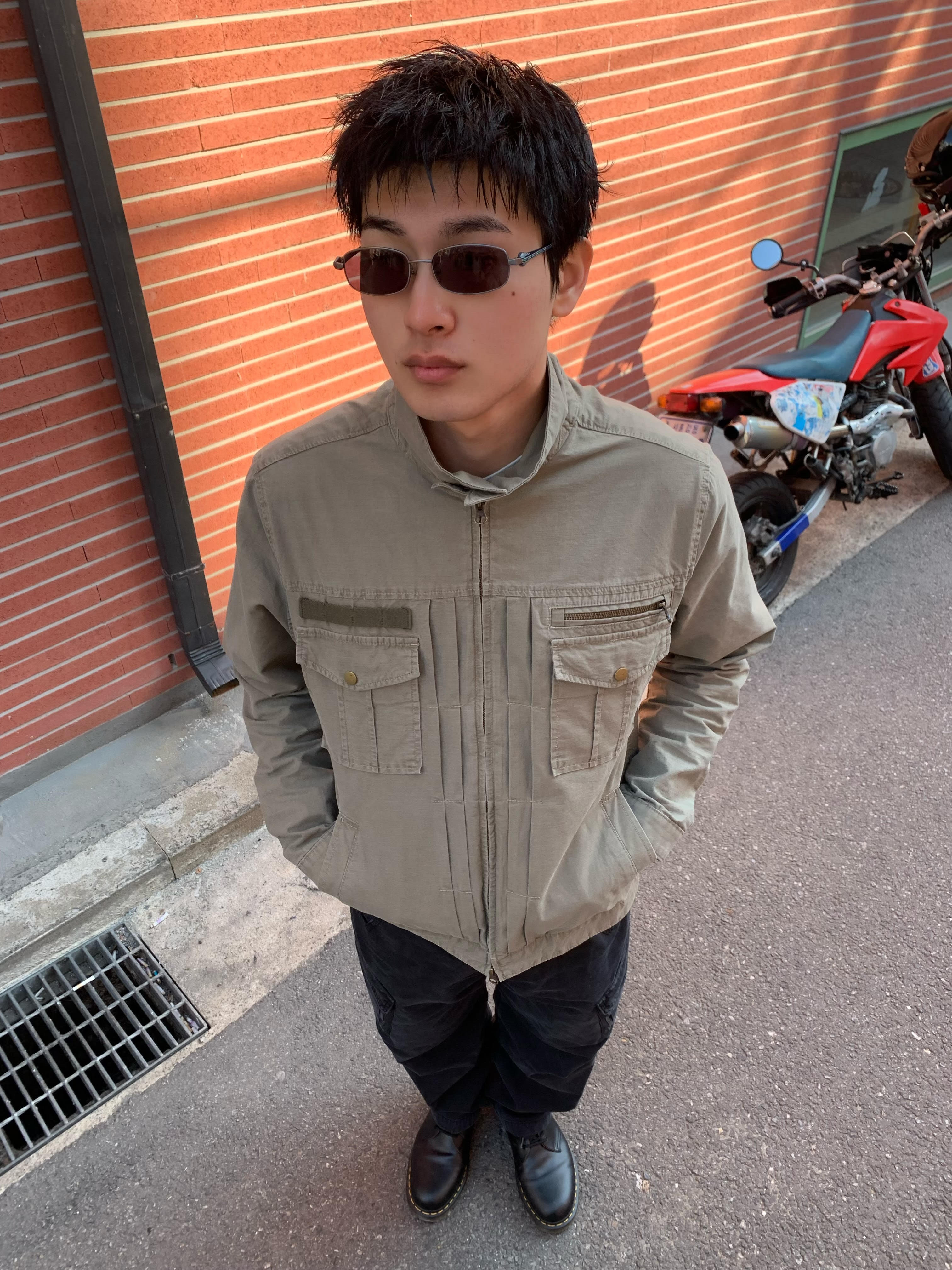 CHOWOO Vintage Washed 5 Pockets Work Jacket Washed Khaki, CHOWOO Mixed Fabric m65 Pants Washed Black 착용 스타일 - 2