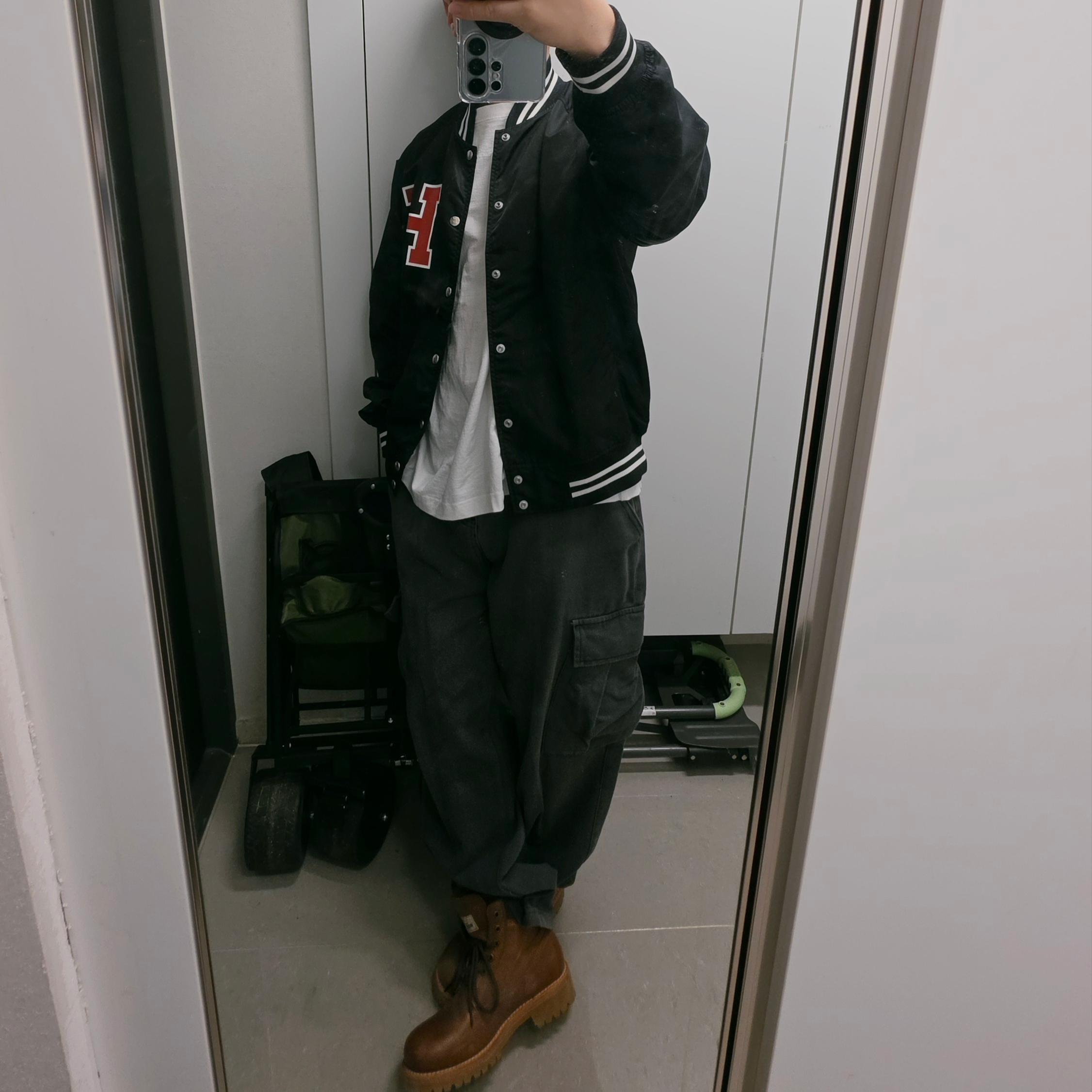 Human Made Nylon Stadium Jacket Black 착용 스타일