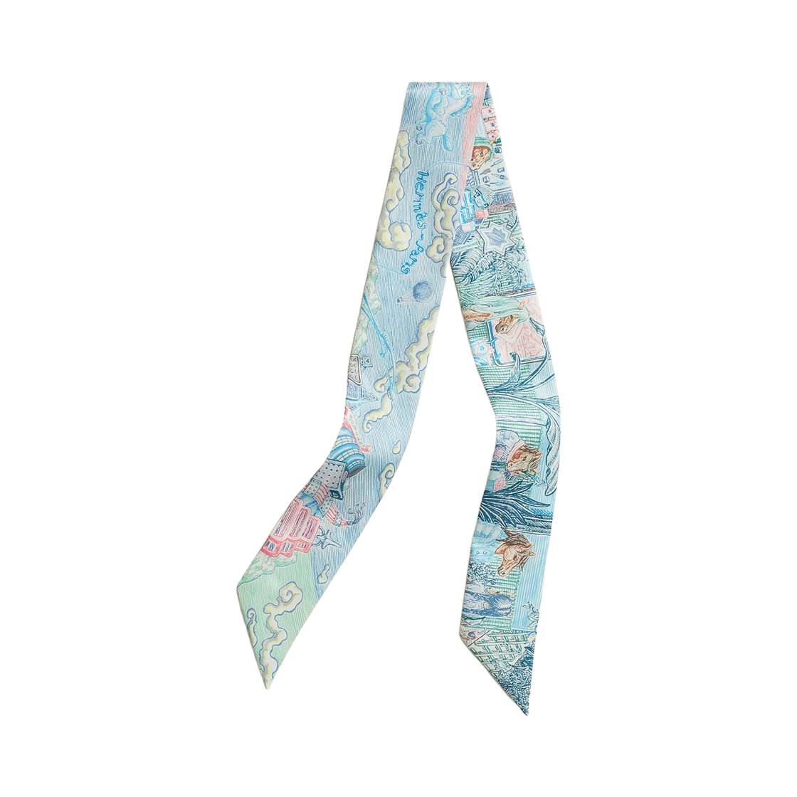 H064103S10 (W) Hermes City Of Light Scarf Twilly Silk & Bleu Jean Rose Vert Veronese