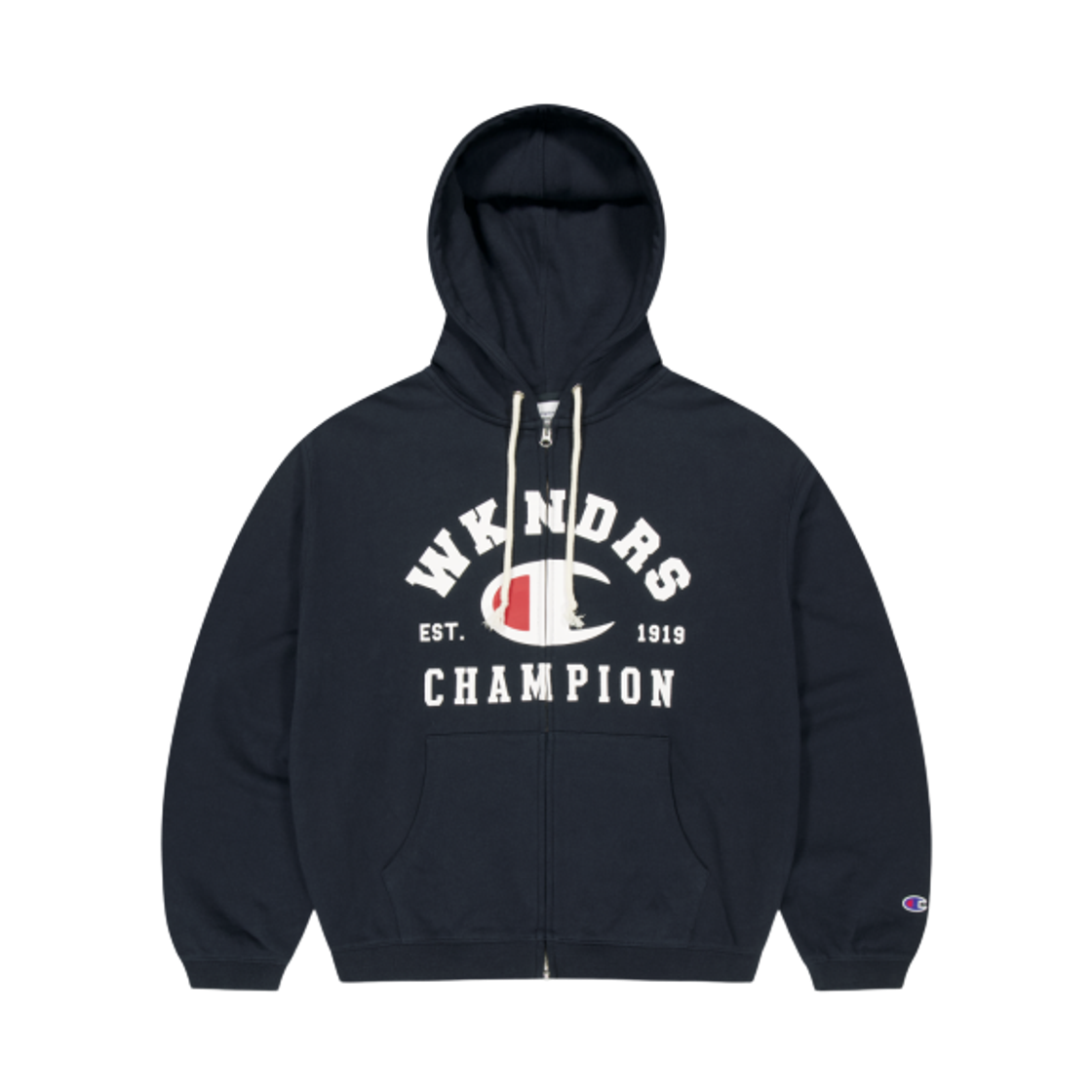 위캔더스 x 챔피온 로고 집업 후드 네이비(WKNDRS x Champion Logo Zip-Up Hoodie Navy)