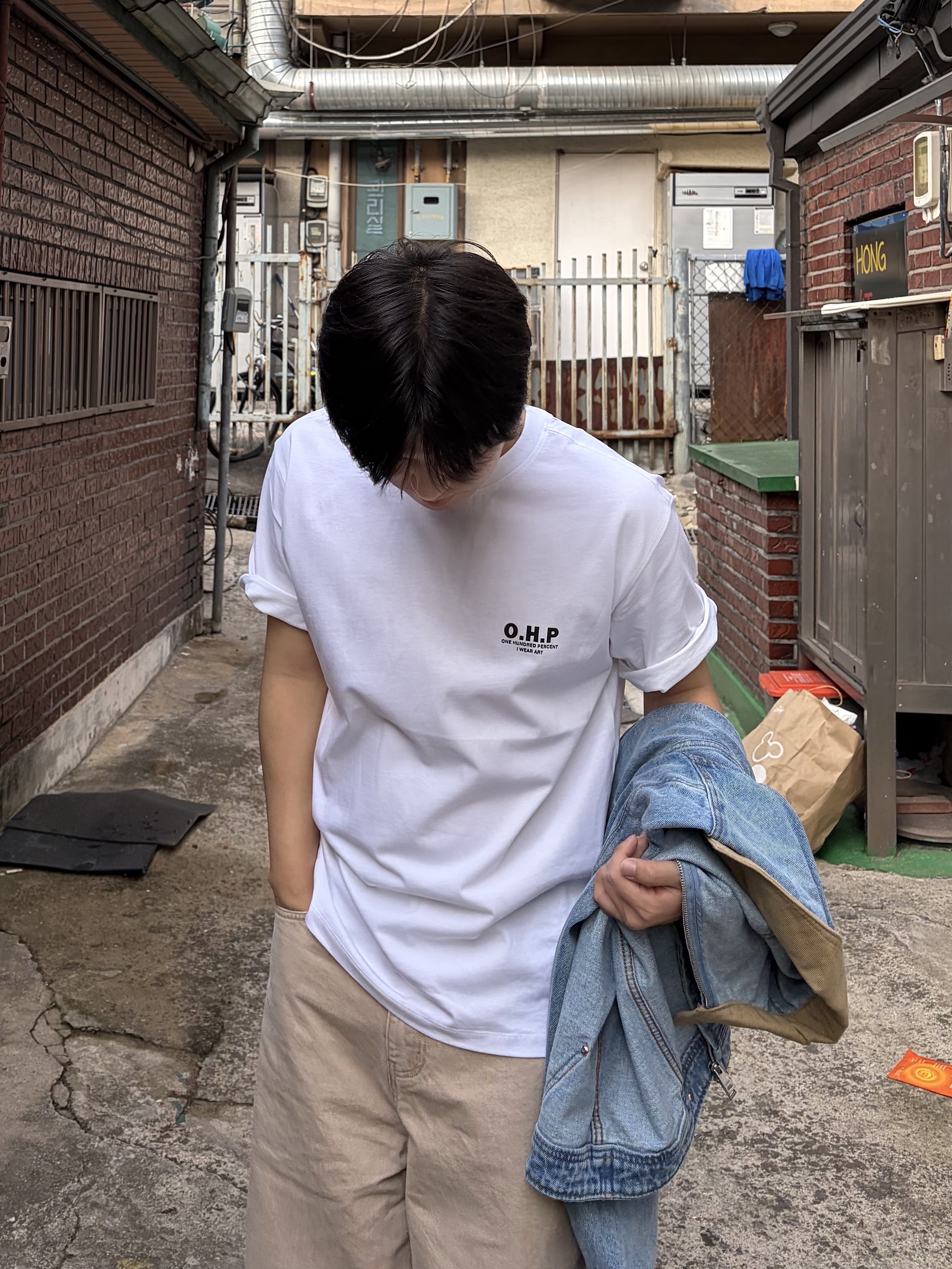 noun Wide Curved Denim Pants Sand Beige 착용 스타일 - 3