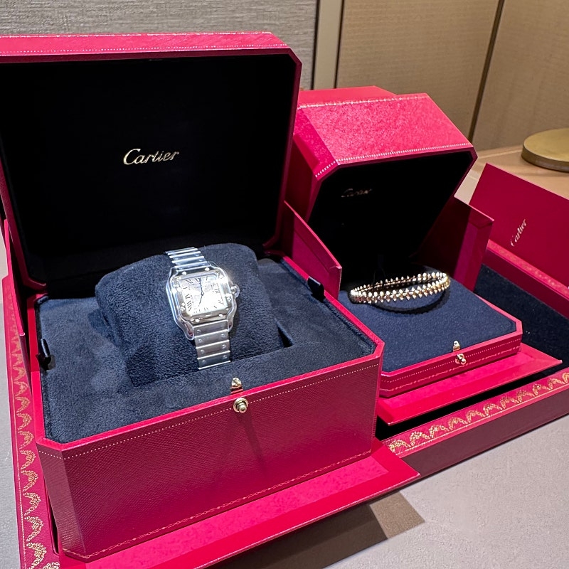 Cartier Santos de Cartier Medium Automatic Steel Men's Watch, Cartier Clash de Cartier Bracelet Small Pink Gold 착용 스타일 - 1