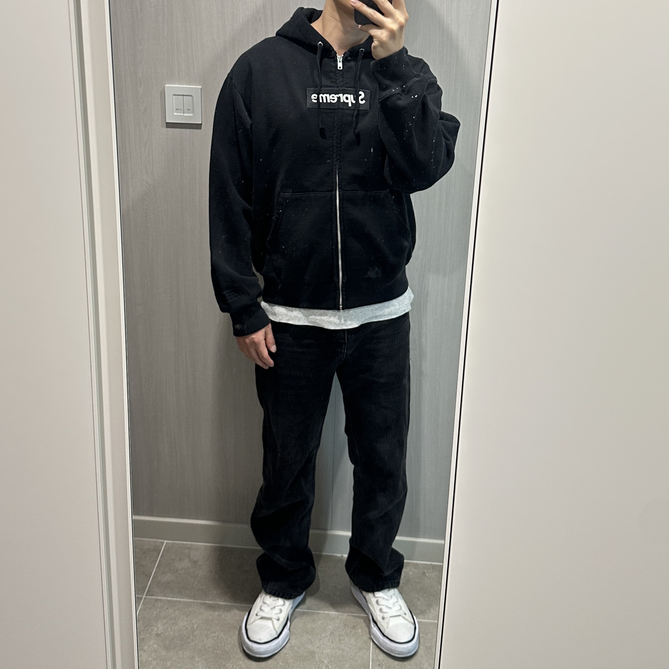 Supreme x MM6 Maison Margiela Box Logo Zip Up Hooded Sweatshirt Black - 26SS, Rick Owens Concordians Vintage Low Sneakers Black Milk 착용 스타일 - 3