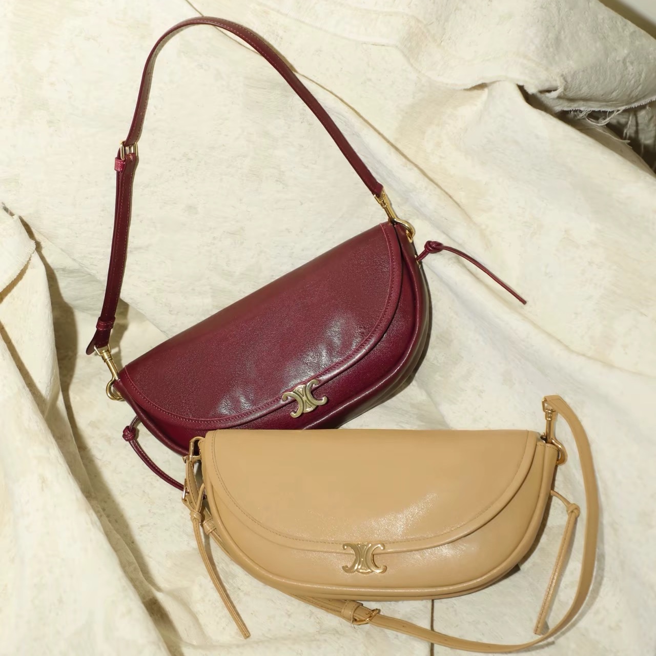 Celine Little Halfmoon Soft Triomphe in Supple Shiny Lambskin Sandcastle 착용 스타일 - 2