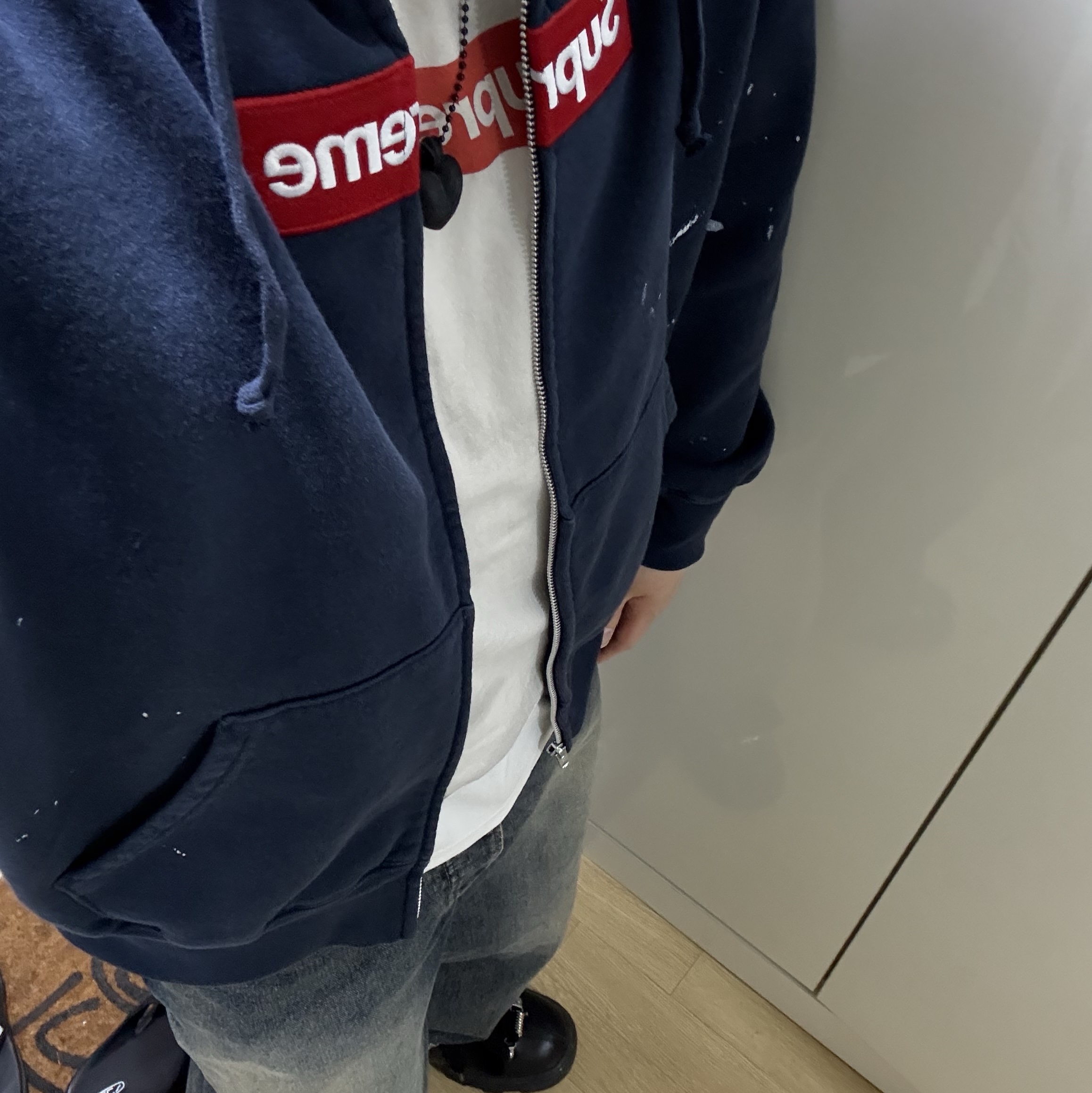 Supreme x MM6 Maison Margiela Box Logo Zip Up Hooded Sweatshirt Navy - 26SS 착용 스타일 - 2