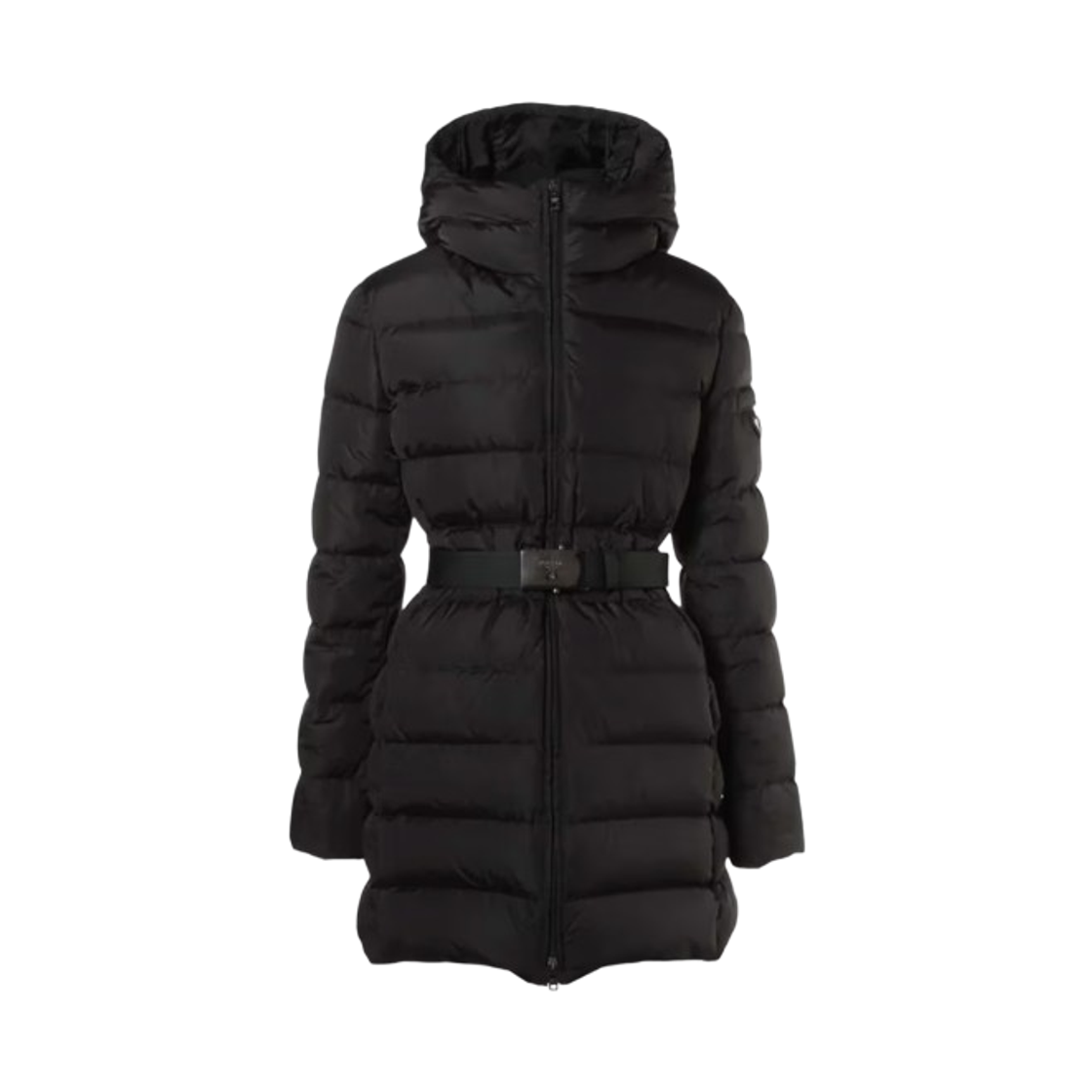 (W) 프라다 트라이앵글 로고 벨티드 후드 다운 자켓 블랙((W) Prada Triangle Logo Belted Hooded Down Jacket Black)