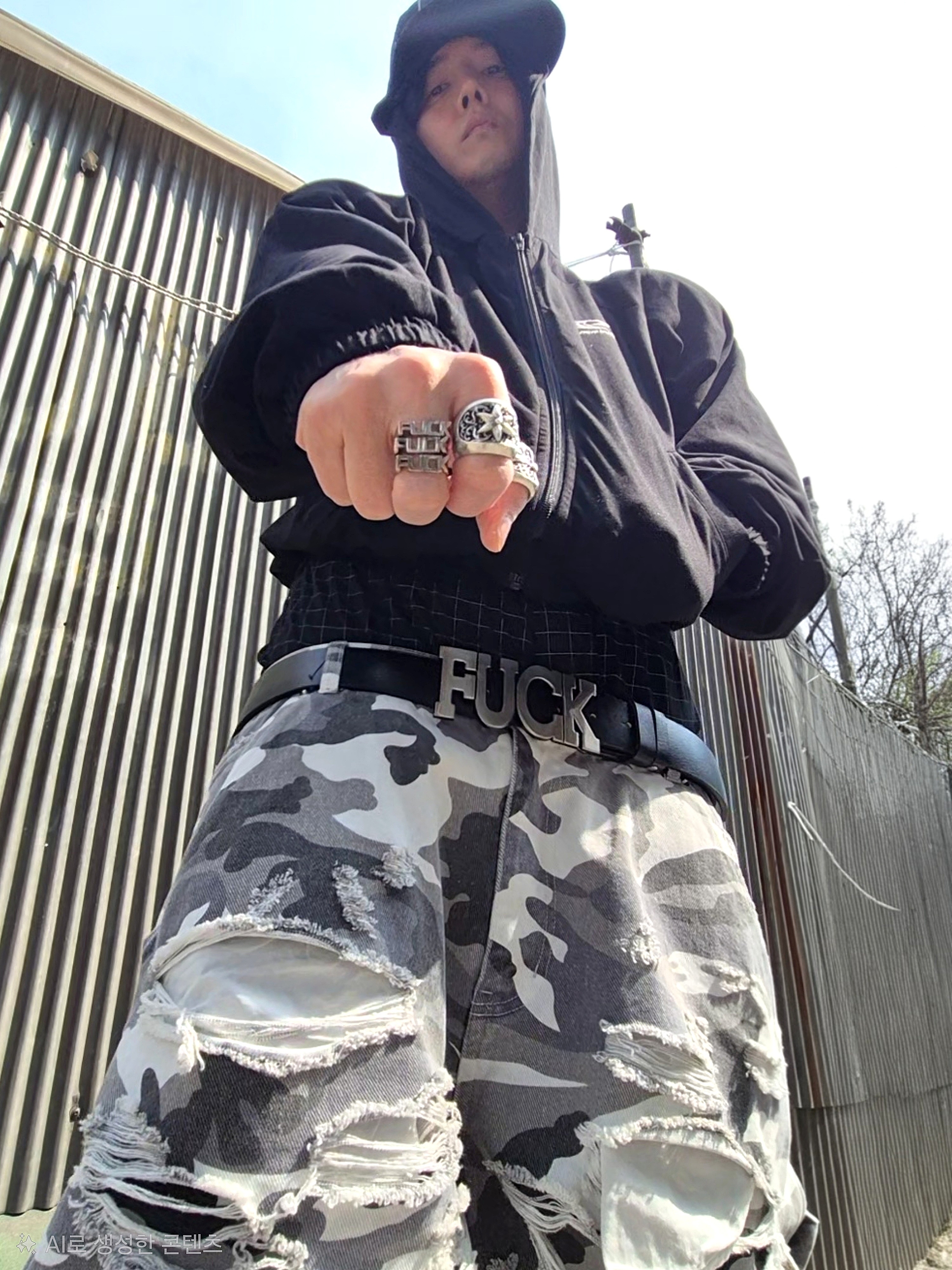 emostanceclub Double Layered Distressed Camo Pants White Camo 착용 스타일 - 1