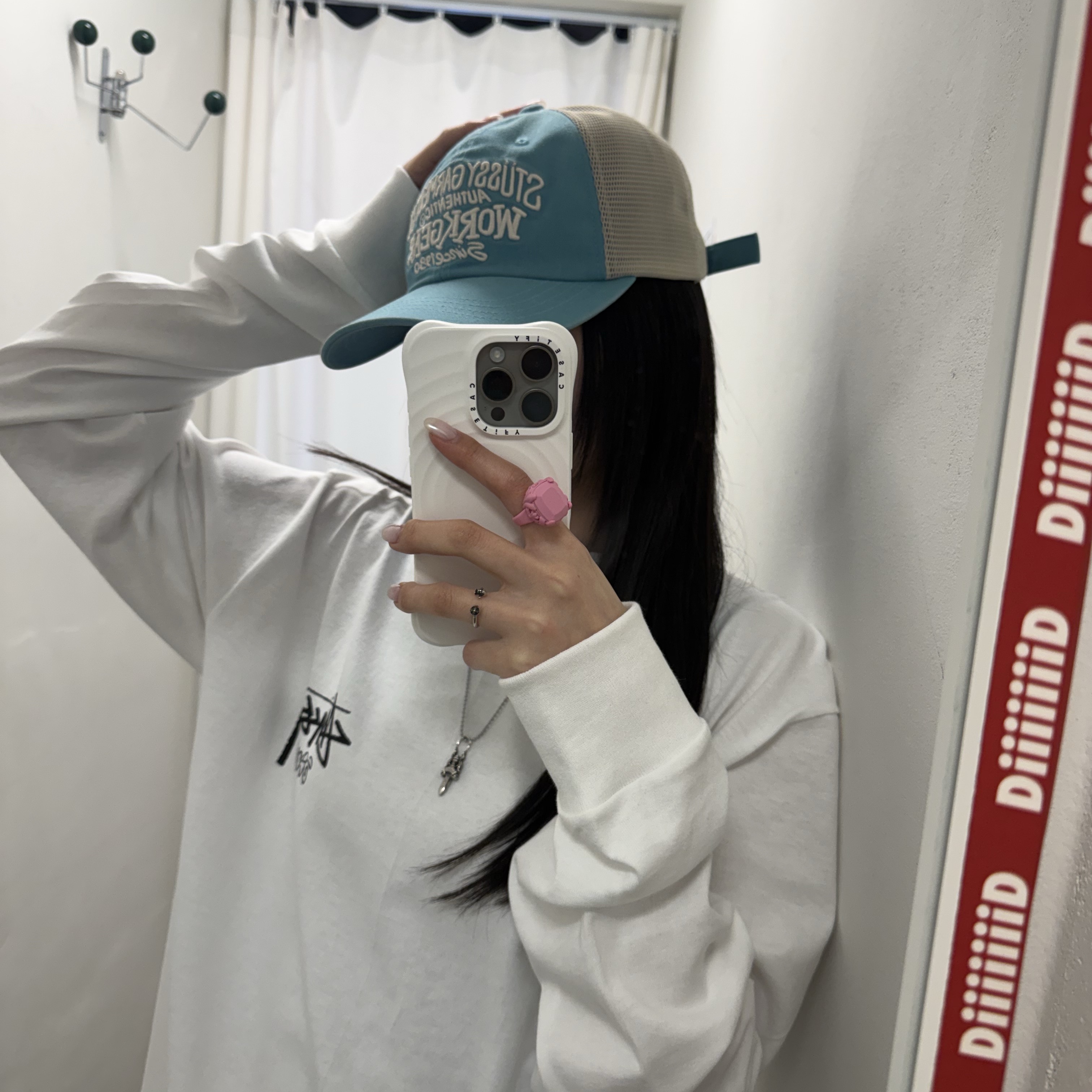 Stussy Low Profile Workgear Strapback Teal, Stussy Stock Seoul LS T-Shirt White 착용 스타일 - 1