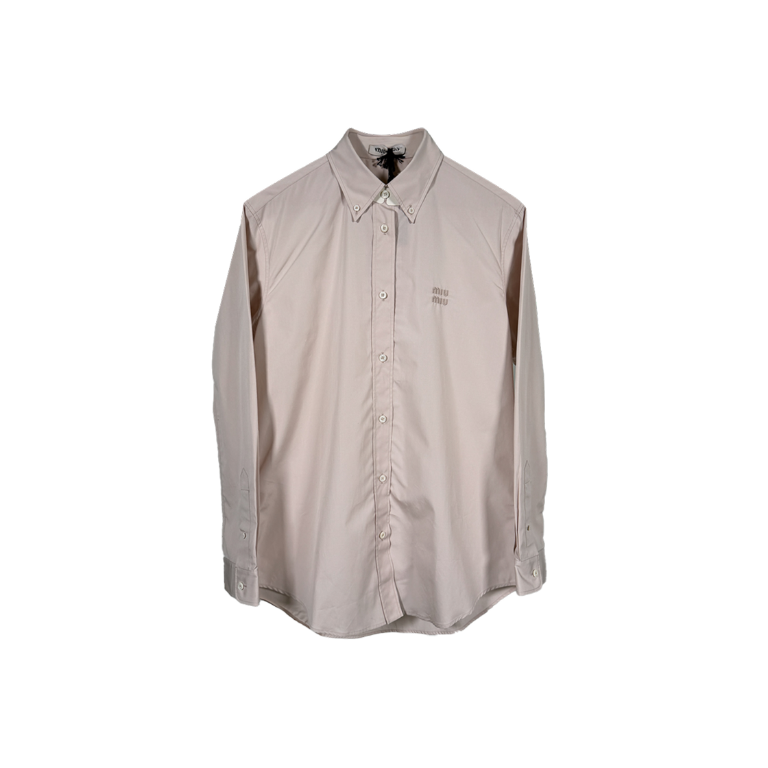 ITPTKJMRKGNR Miu Miu Embroidered Logo Oversized Poplin Shirt in Opal Pink