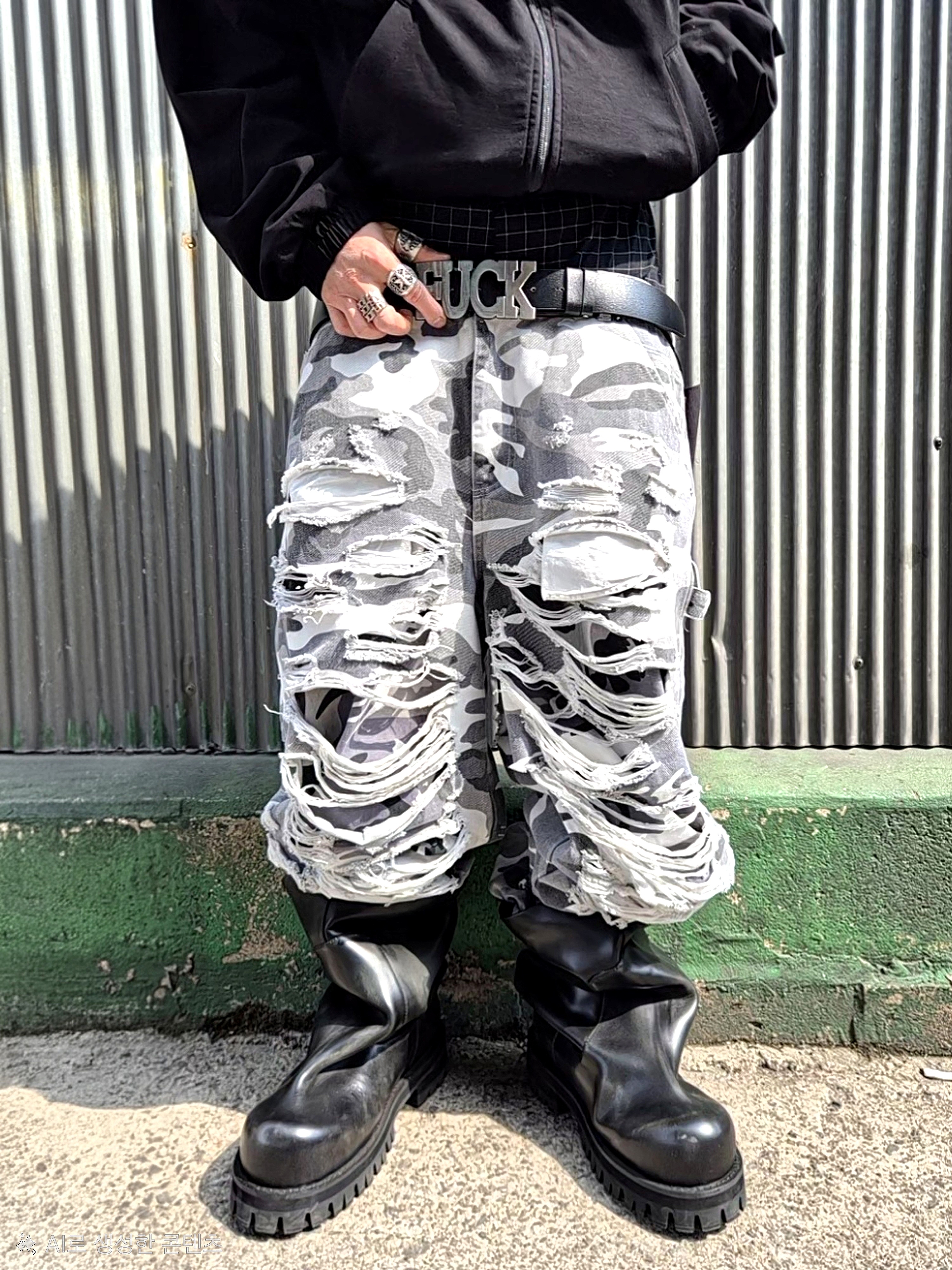 emostanceclub Double Layered Distressed Camo Pants White Camo 착용 스타일 - 2
