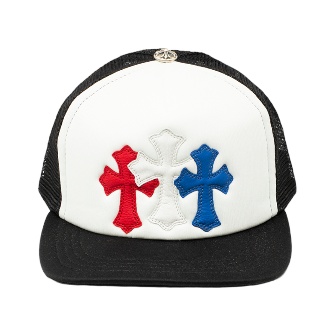 - Chrome Hearts Leather Cemetery Patch Trucker Hat White Black Multicolor (Scroll Label Ver.)