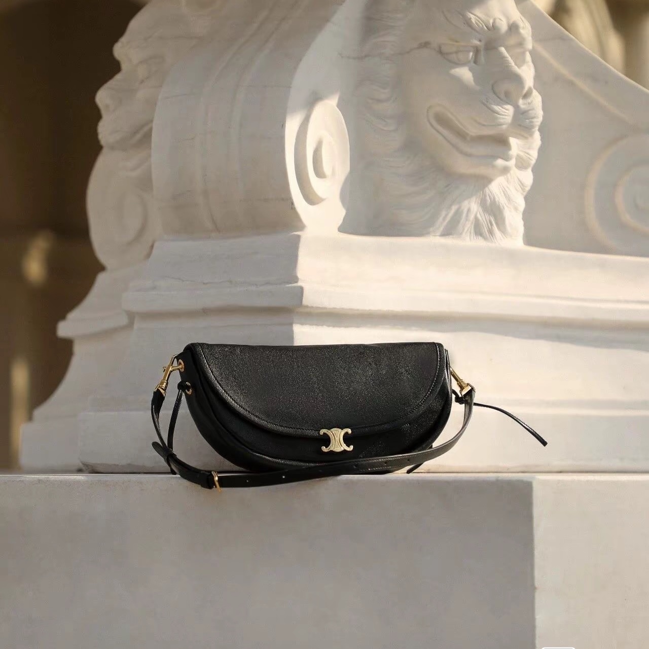 Celine Little Halfmoon Soft Triomphe in Supple Shiny Lambskin Black 착용 스타일 - 6