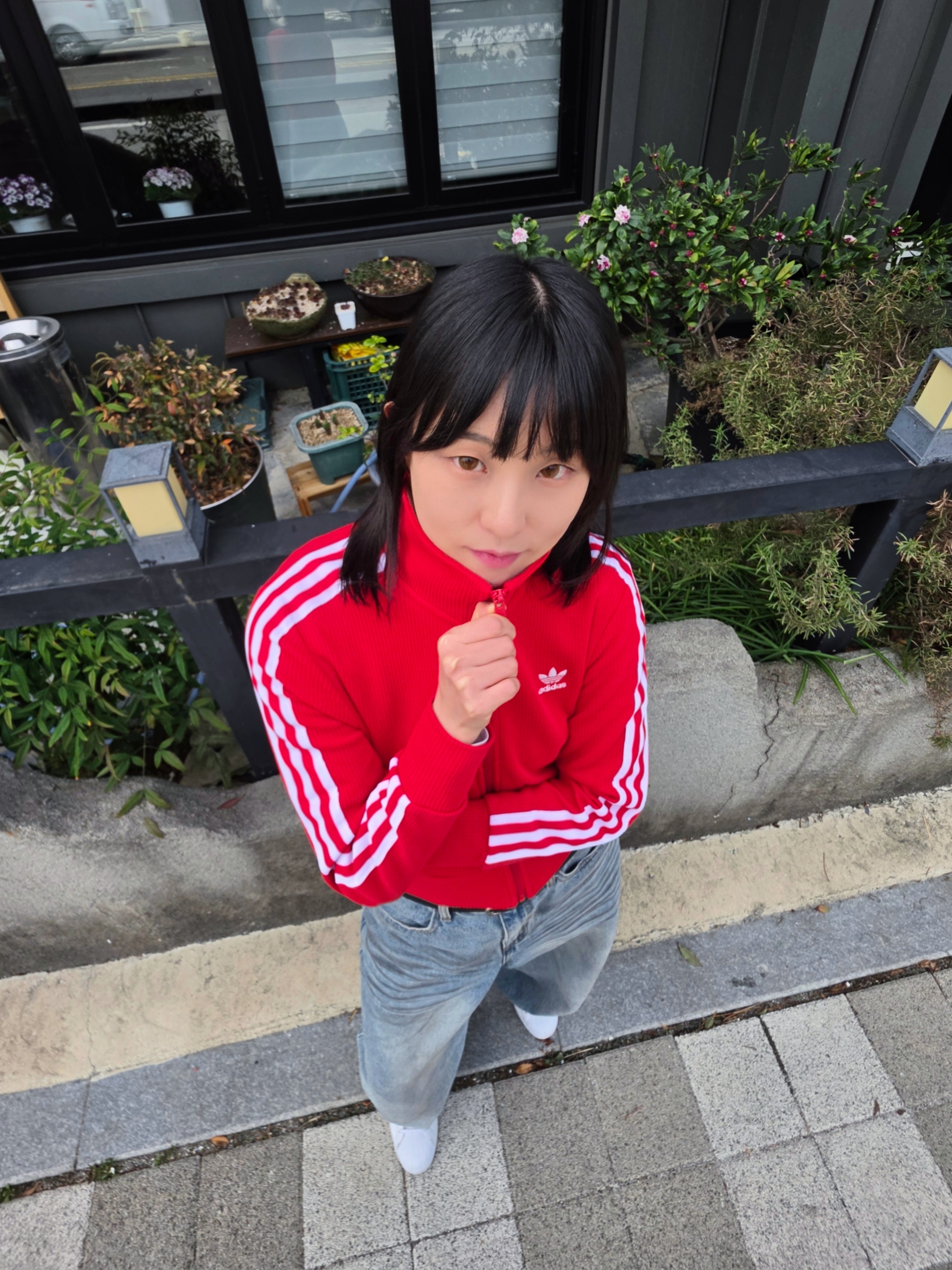 (W) Adidas Knit Top Better Scarlet  - KR Sizing, (J) Adidas Superstar J White Black 착용 스타일