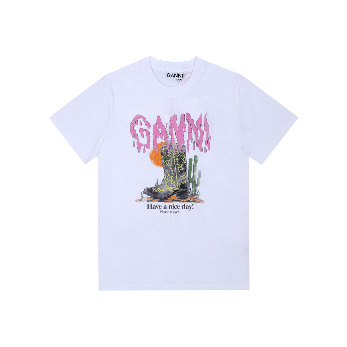 [20% 쿠폰] (W) 가니 웨스턴 부츠 프린트 티셔츠 브라이트 화이트([20% 쿠폰] (W) Ganni Western Boot Print T-shirt Bright White)