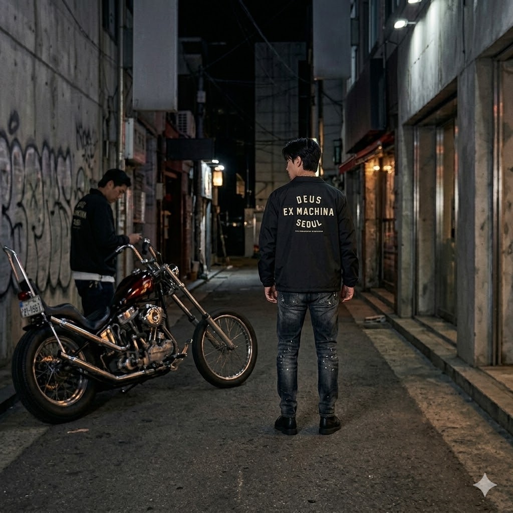 Deus Ex Machina Korea College Coach Jacket Black 착용 스타일