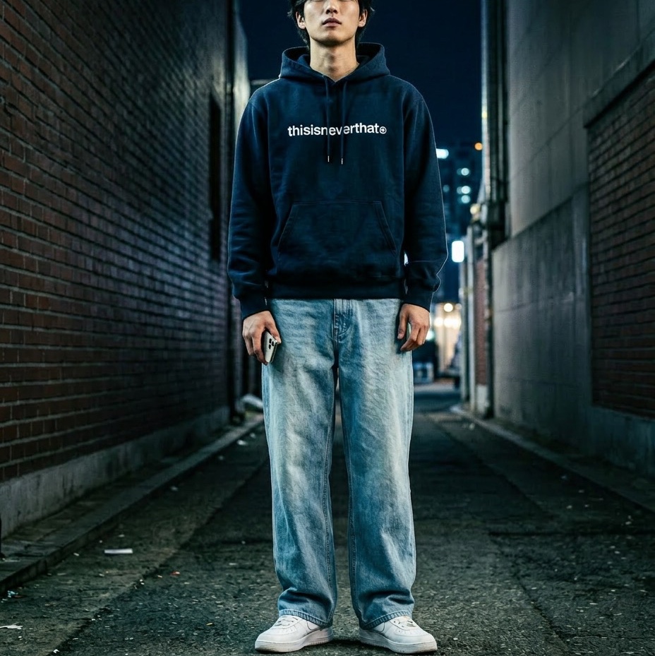 Thisisneverthat T-Logo LT Hoodie Navy 착용 스타일