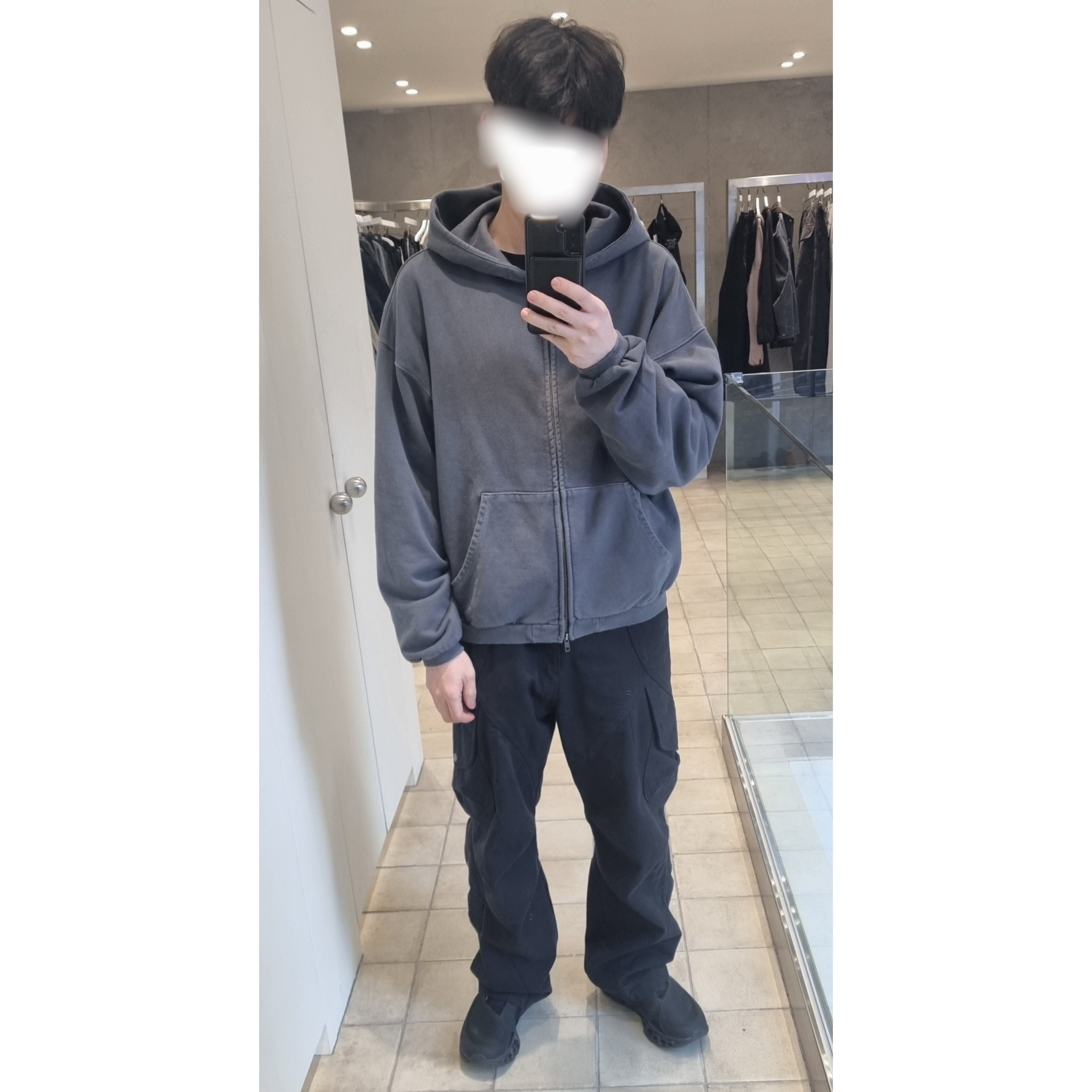 On Running x Post Archive Faction (Paf) Cloudmonster 2 Black Magnet, Polyteru Human Index Human Overdyed Zip Hoodie Blue Gray 착용 스타일 - 1