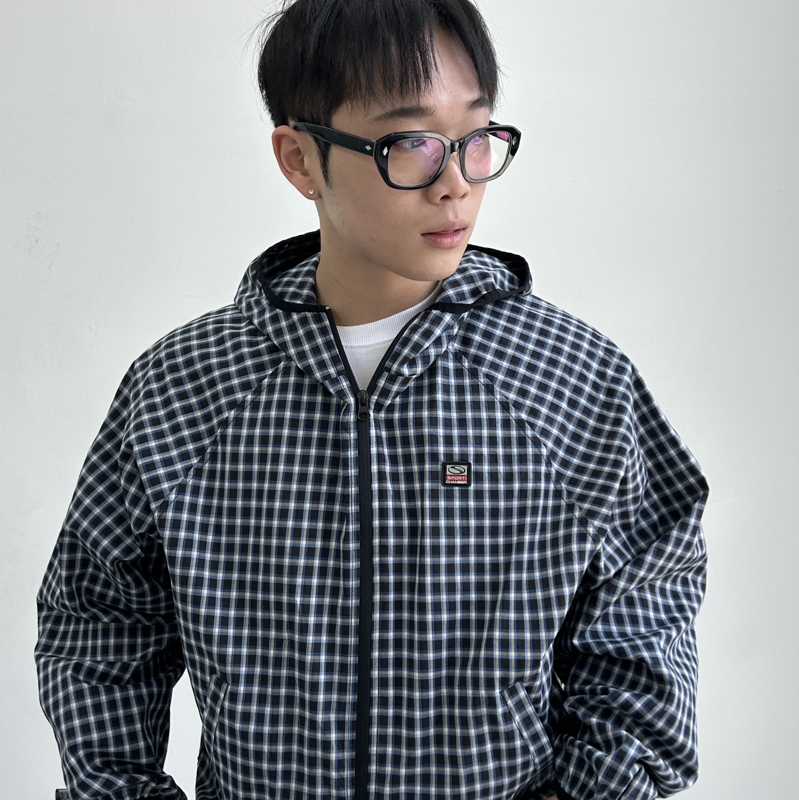 SPORT CHAMBER SC 90's Carpenter Denim Pants Blue, SPORT CHAMBER SC Square Check Windbreaker NAVY 착용 스타일 - 3