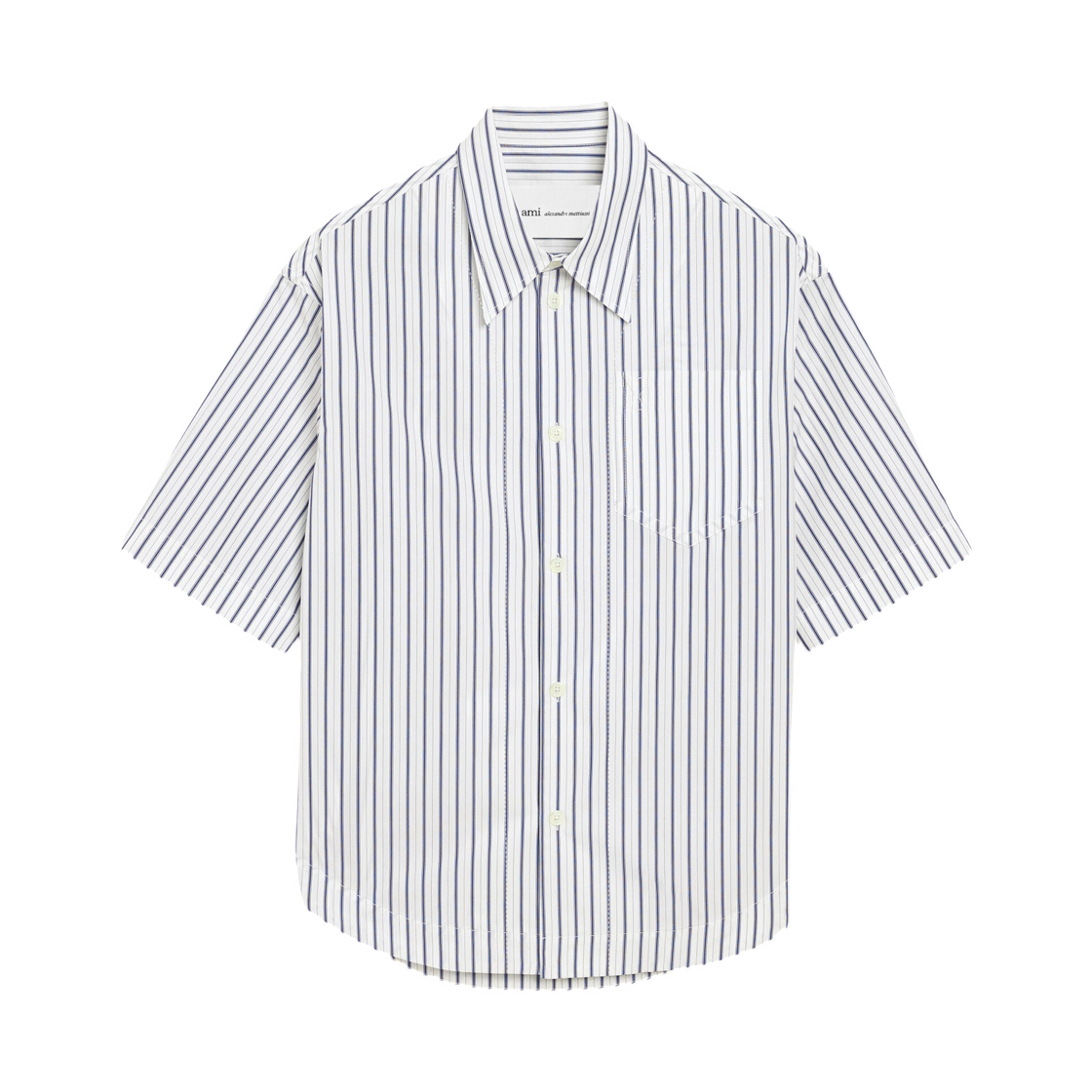 아미 화이트 스트라이프 코튼 숏슬리브 아미 드 하트 와이드 셔츠 화이트 잉크(AMI White Striped Cotton Short Sleeve Ami De Coeur Wide Shirt White Ink)