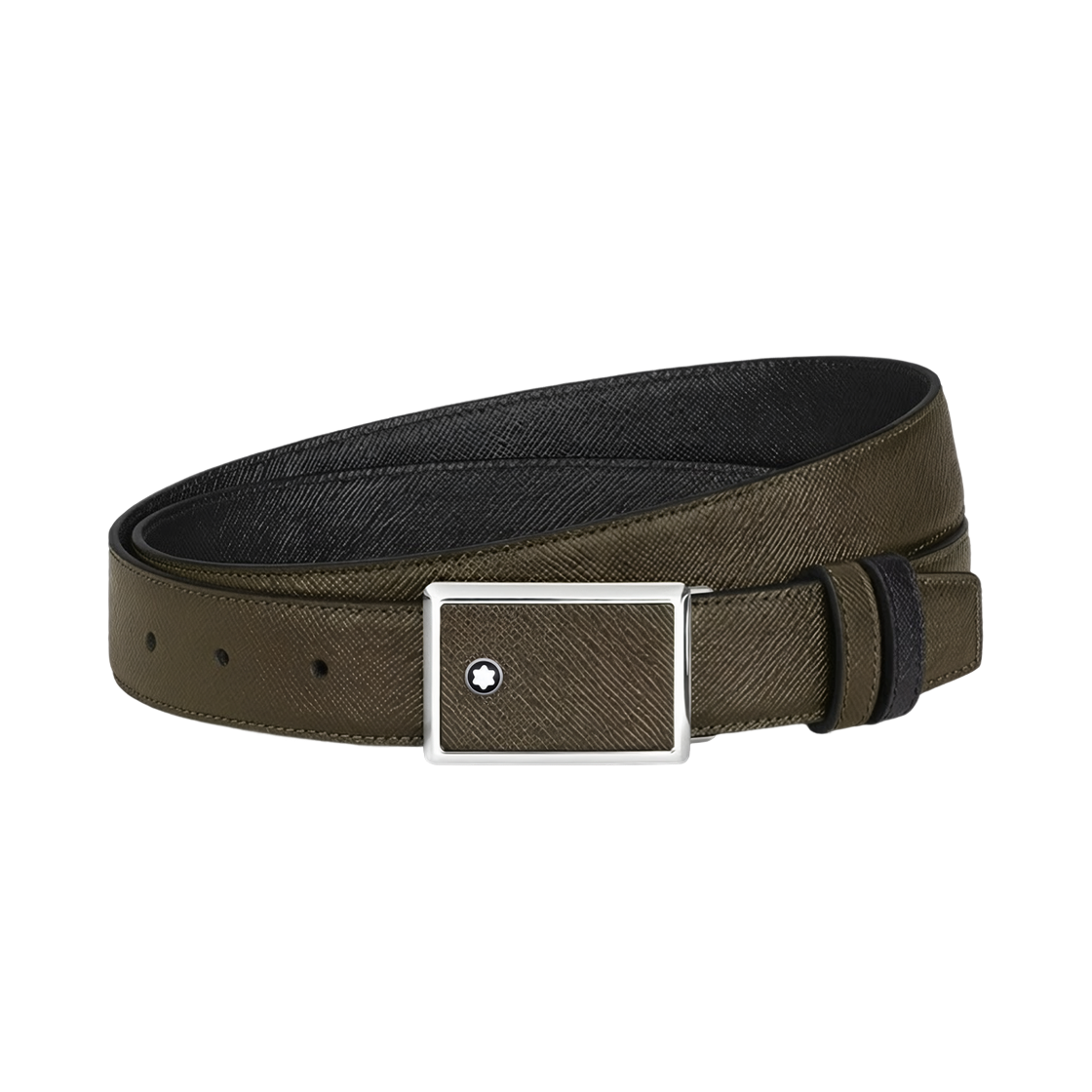 몽블랑 마르퀘트리 플레이트 30mm 리버시블 벨트 사토리얼 레더 카키 블랙(Montblanc Marquetry Plate 30mm Reversible Belt In Sartorial Leather Khaki Black)