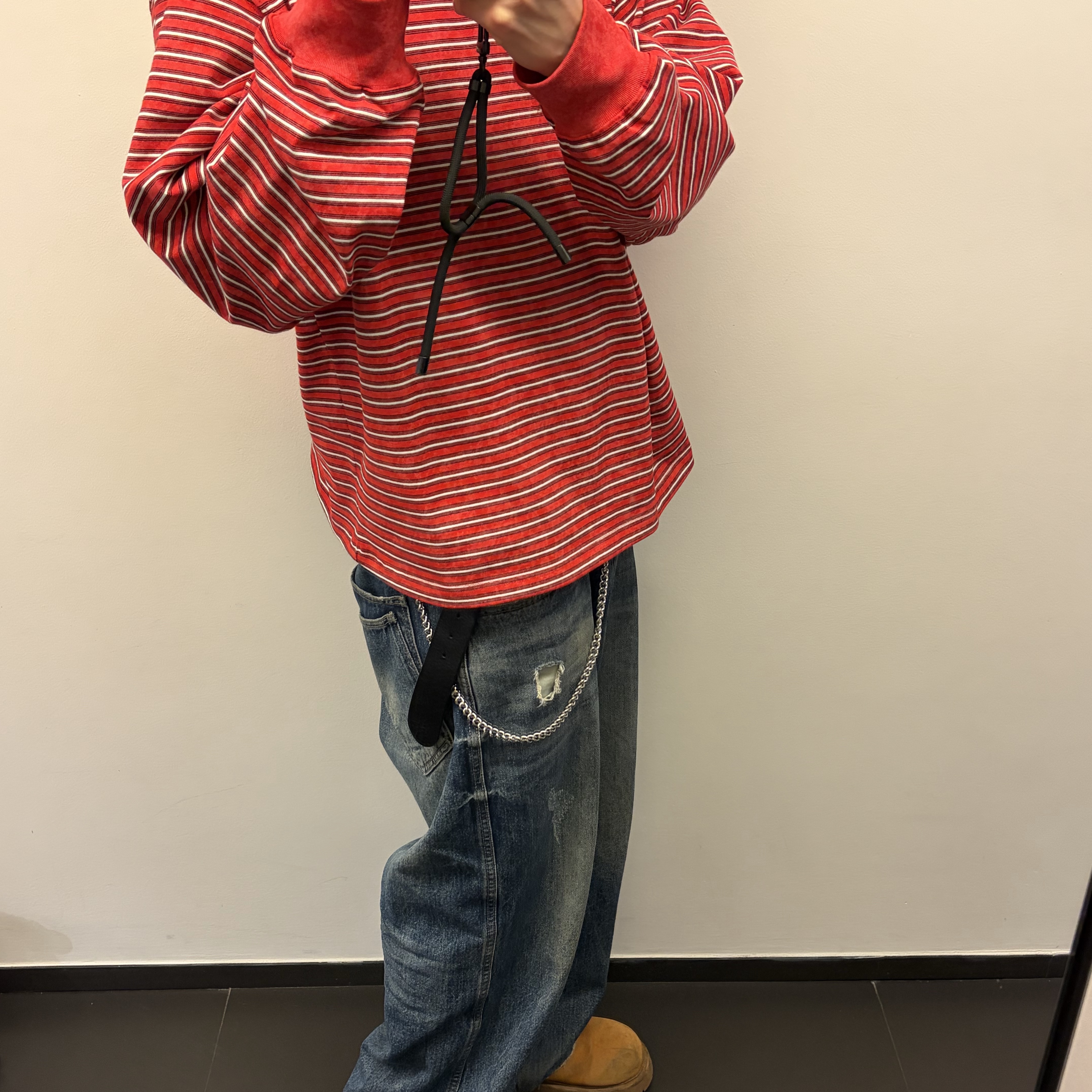 Nonnod Bias Polo Shirt Red Stripe, Nonnod Double Pocket Japanese Denim Mid Blue 착용 스타일 - 1