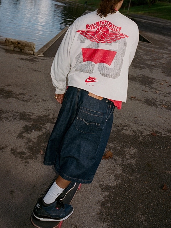 Levi's x Jordan Overshirt Jacket Indigo, Levi's x Jordan Baggy Shorts Indigo 착용 스타일 - 3