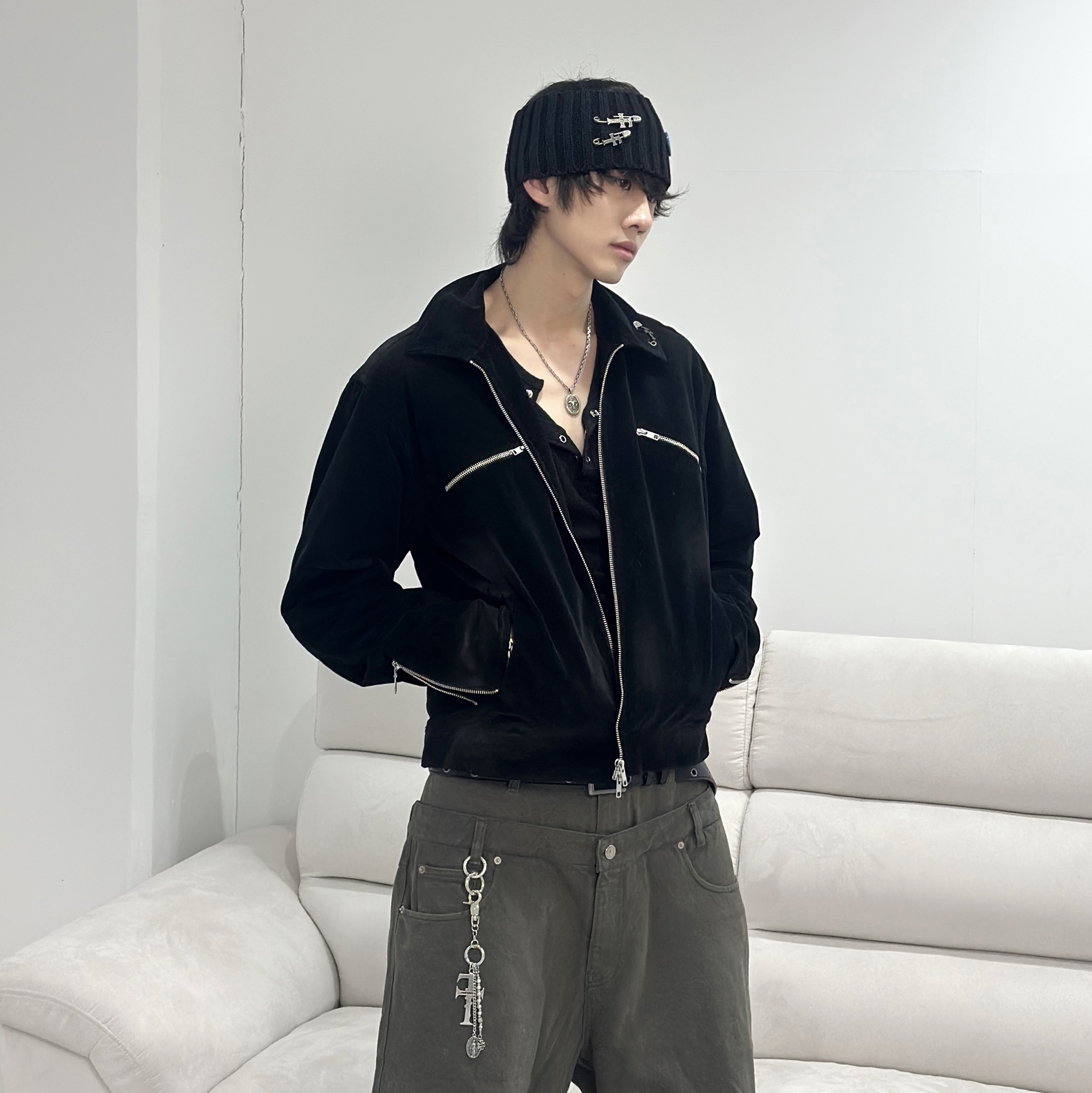 Farfromwhat Far Corduroy Zip-Up Jacket_Black, Force Sensitive FST Eyelet Studded Long Belt 착용 스타일 - 1