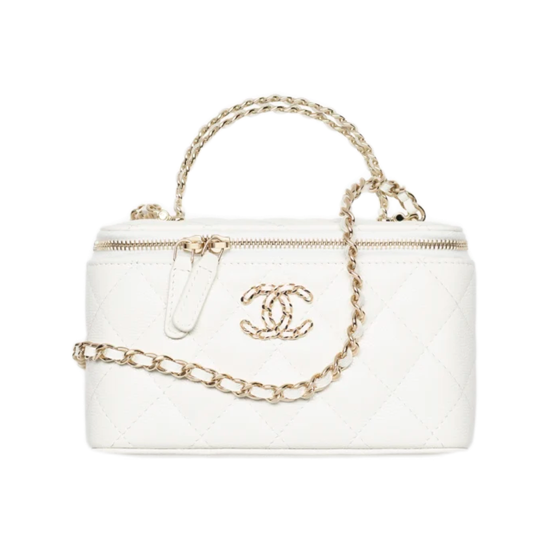 샤넬 체인 코스메틱 케이스 그레인드 샤이니 카프스킨 & 골드 메탈 화이트(Chanel Long Vanity with Chain Grained Shiny Calfskin & Gold White) - 1