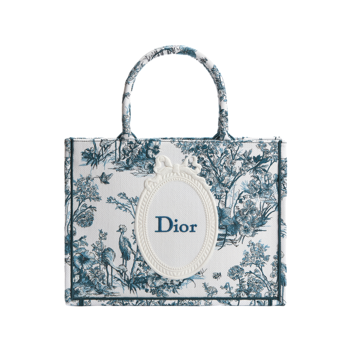 M1354PEQM-M928 Dior Book Tote Strap Bag Medium Toile De Jouy Floral Garden Embroidered & Dior Medallion Blue White