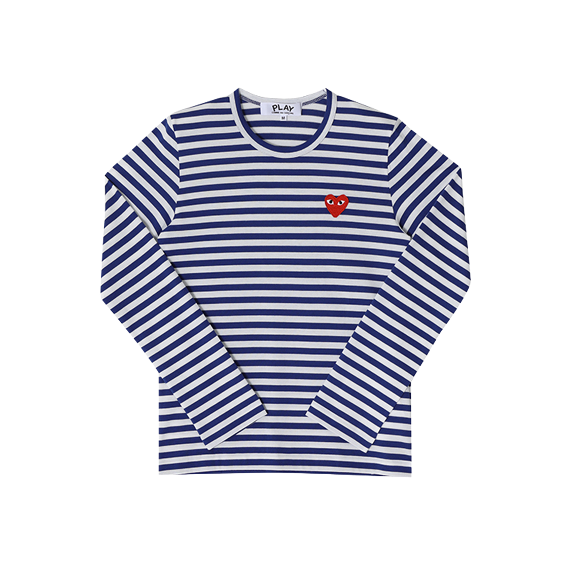[20% 쿠폰] 플레이 꼼데가르송 레드 하트 스트라이프 롱슬리브 티셔츠 블루 화이트([20% 쿠폰] Play Comme des Garcons Red Heart Striped LS T-Shirt Blue White)
