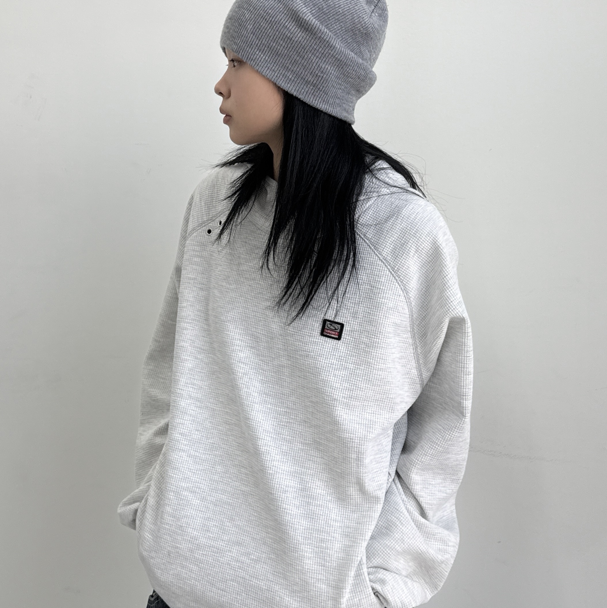 SPORT CHAMBER SC Waffle Ear-Open Hood T-shirt 1% Gray 착용 스타일 - 3