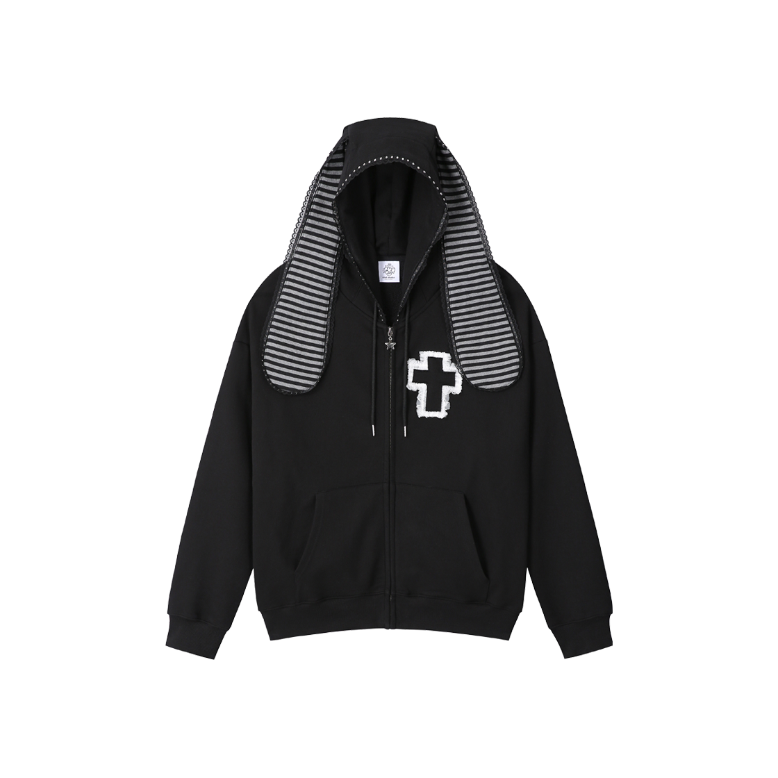 클럿 스튜디오 크로스 버니 이어 집업 후디 블랙(Clut Studio Cross Bunny Ear Zip-Up Hoodie Black)