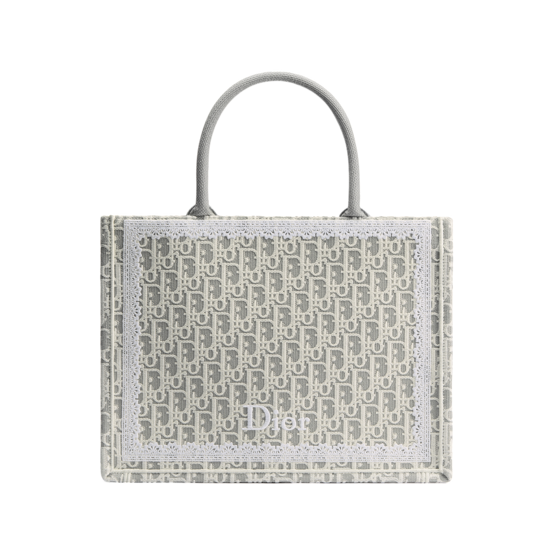 M1354PEHT-M074 Dior Book Tote Strap Bag Medium Dior Oblique Embroidered & Lace Latte Grey White