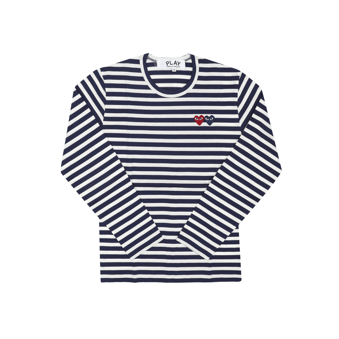 [20% 쿠폰] 플레이 꼼데가르송 더블 하트 스트라이프 롱슬리브 티셔츠 네이비 화이트([20% 쿠폰] Play Comme des Garcons Double Heart Striped LS T-Shirt Navy White)