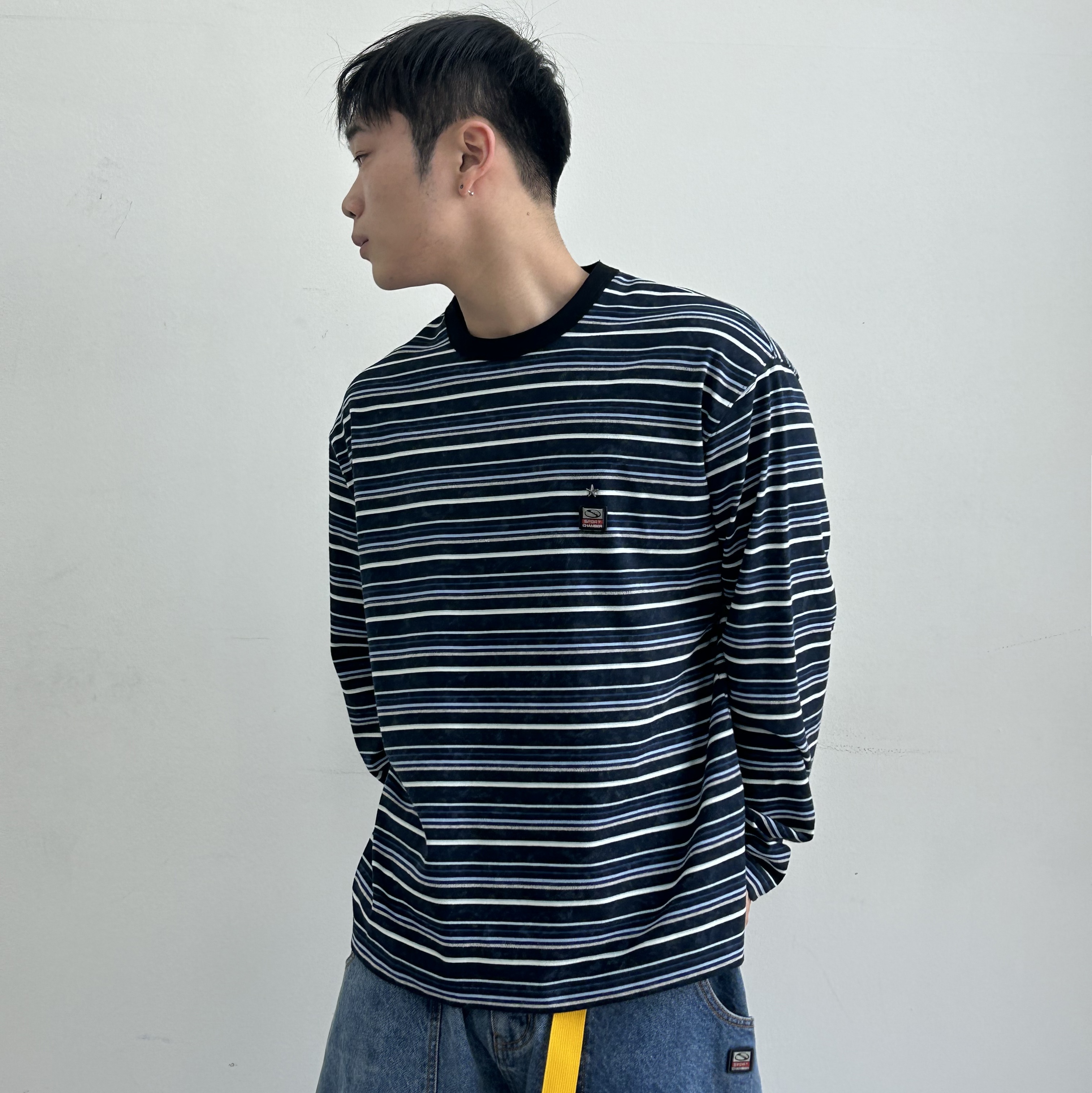 SPORT CHAMBER Superwide Carpenter Denim Pants Blue, SPORT CHAMBER SC Transition T-shirt NAVY 착용 스타일 - 3