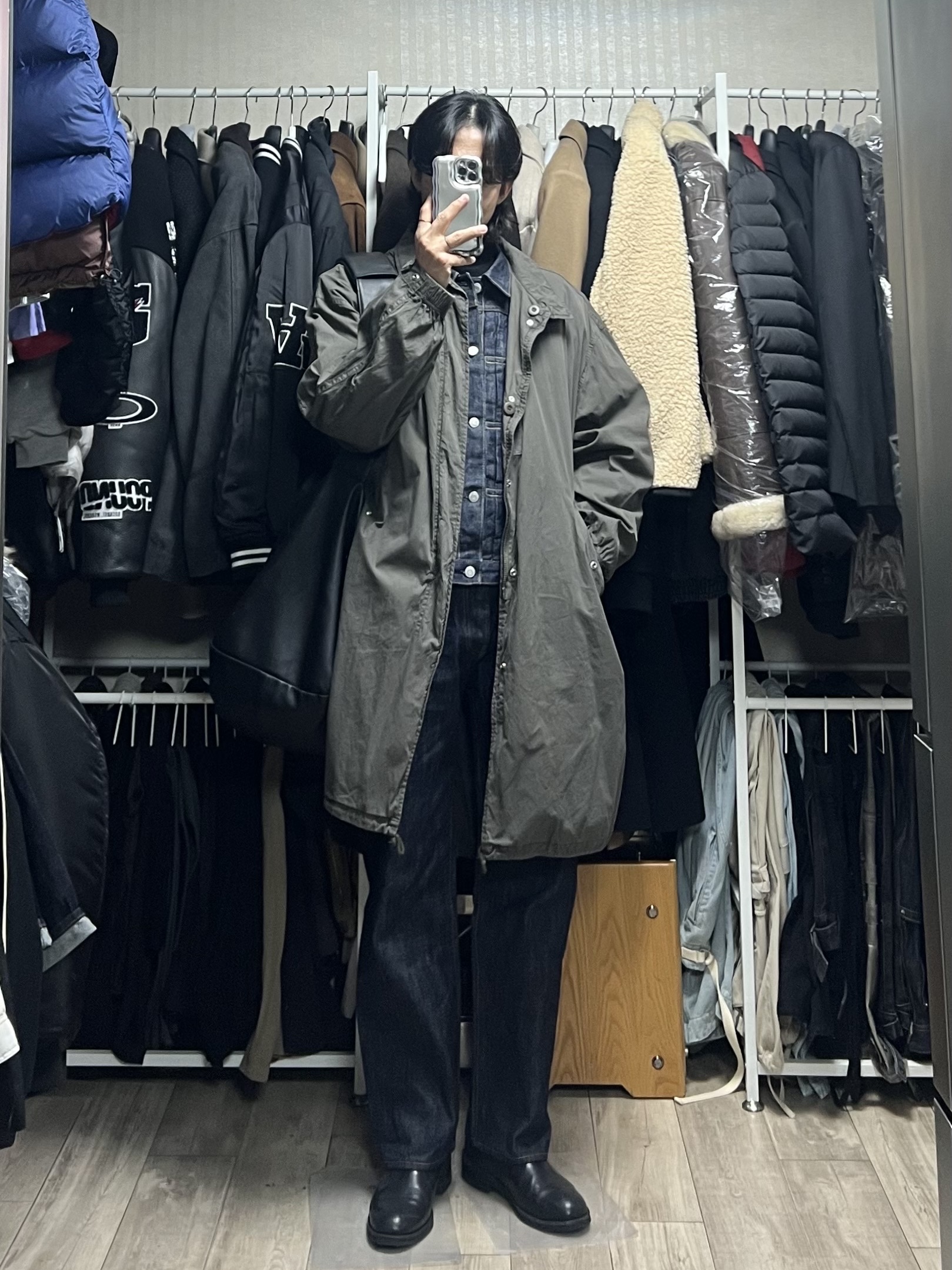 Polyteru Dell Parka Sage Gray 착용 스타일