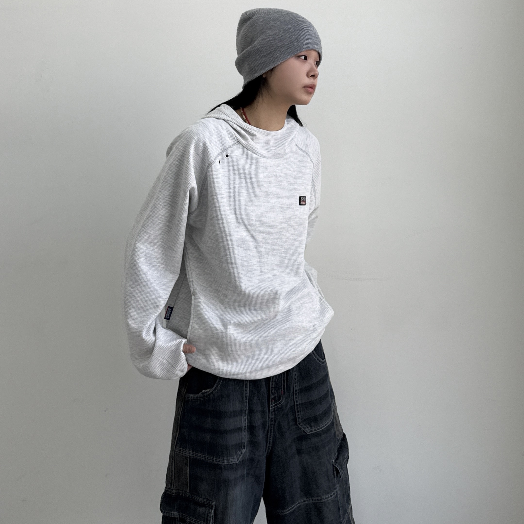 SPORT CHAMBER SC Waffle Ear-Open Hood T-shirt 1% Gray 착용 스타일 - 1